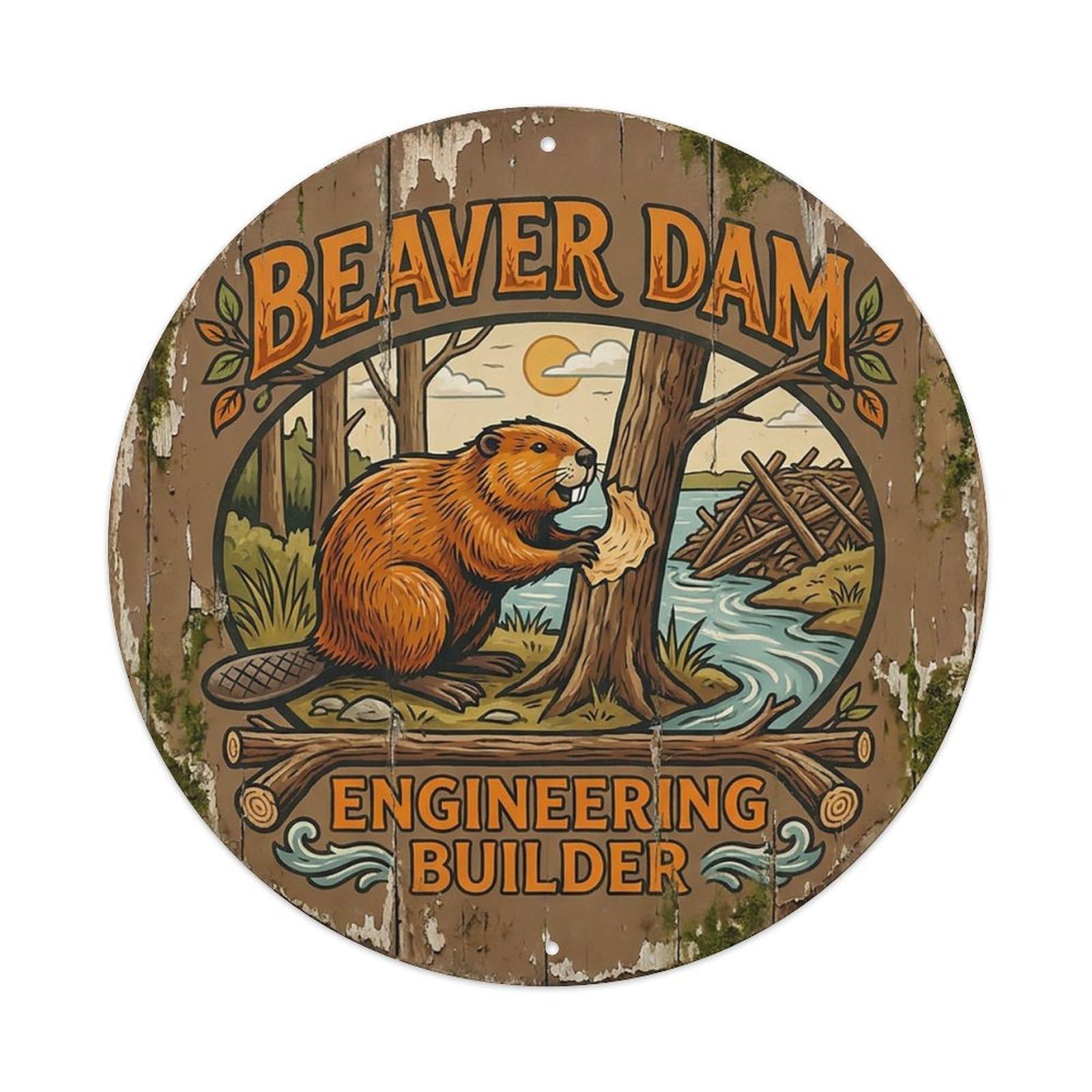 Cxhjca 8X8inch(20X20cm) Beaver Dam Engineering Builder Metal Tin Sign