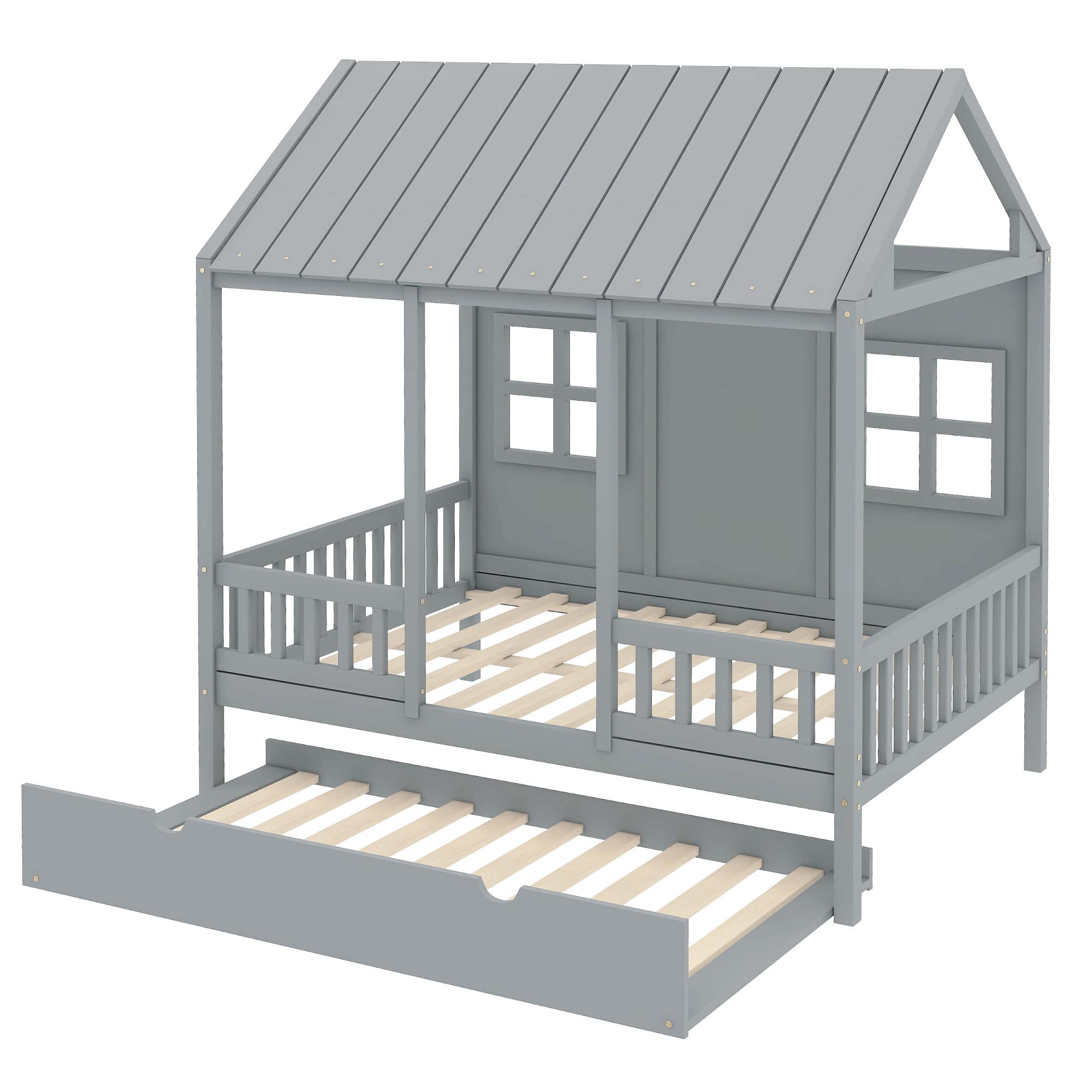 Full House Beds with Trundle and Rails Wooden Kids Montessori Bed with Wall and Windows Wood Playhouse Tent Bed Frame for Girls Boys, Full Size, Gray