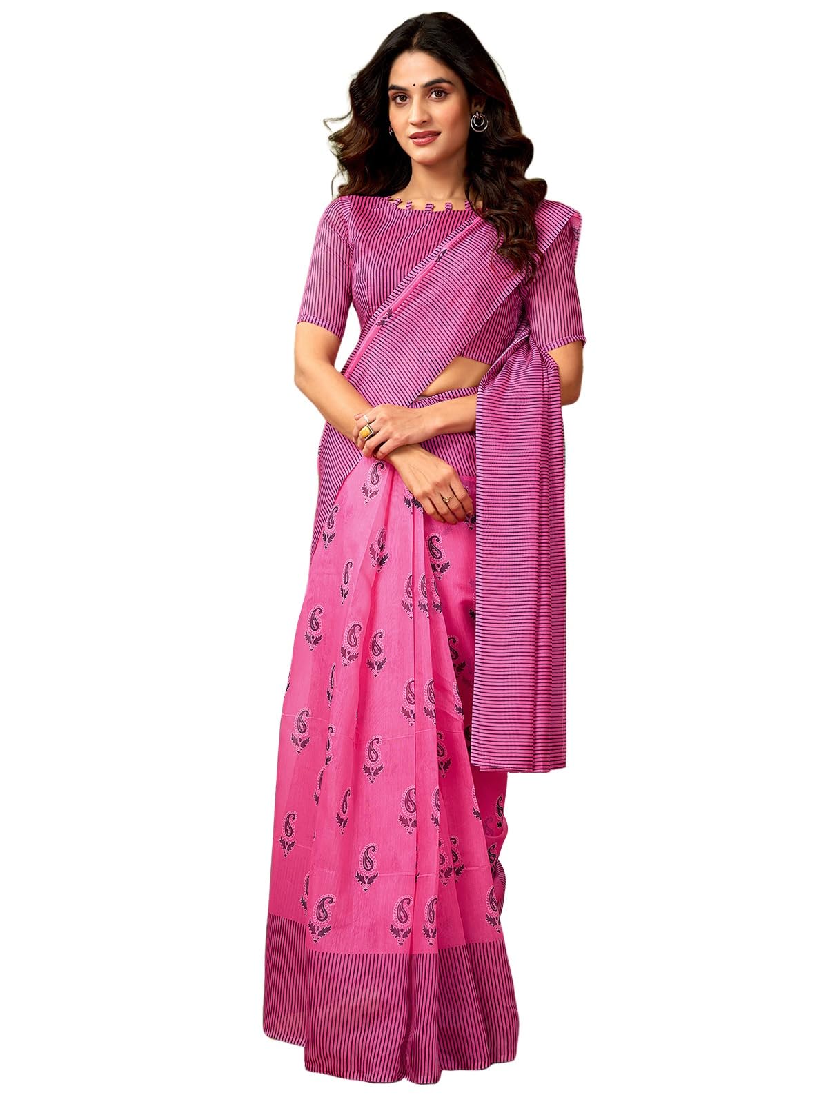 Satrani Women's Chanderi Cotton Printed Ready To Wear One Minute Pre Pleated Readymade Saree With Unstitched Blouse Piece (32Rs291N_Pink1)