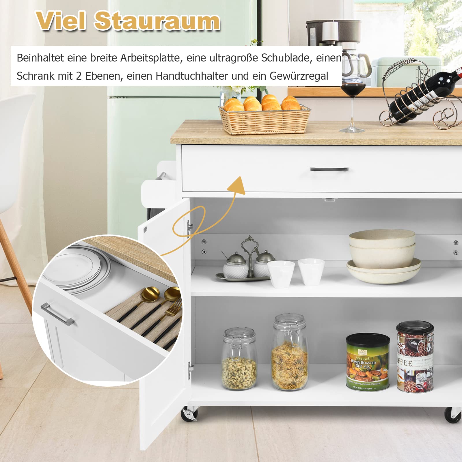 GOPLUS Carro de servir con cajón y armario, carrito de cocina enrollable con divisores ajustables, 2 ruedas con freno, de madera, estilo rústico, para cocina, restaurante (blanco)