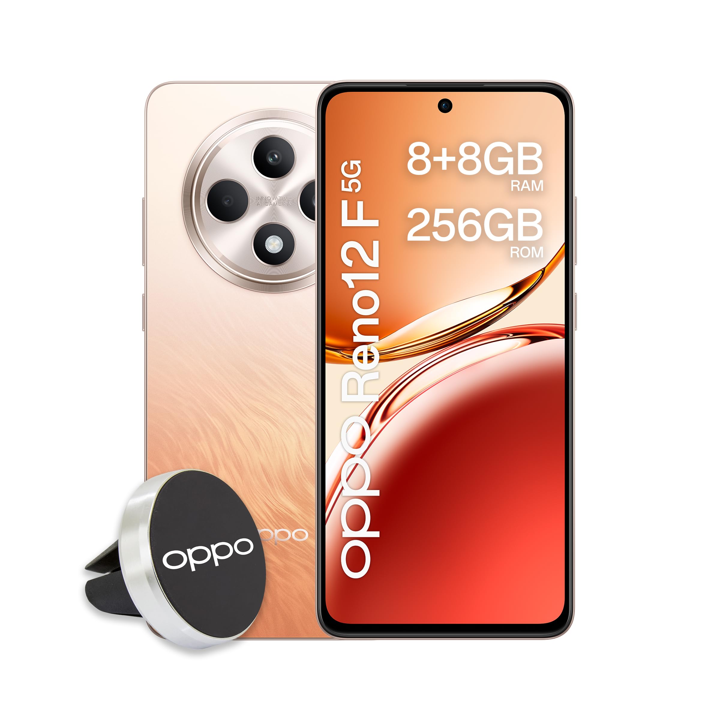 OPPO Reno12 F 5G AI Smartphone, Tripla fotocamera 50+8+2MP, Selfie 32MP, Display 6.67” 120HZ AMOLED FHD+, 5000mAh, RAM 8GB(Esp4GB/6GB/8GB)+ROM 256GB, Supporto Auto [Versione Italia], Amber Orange