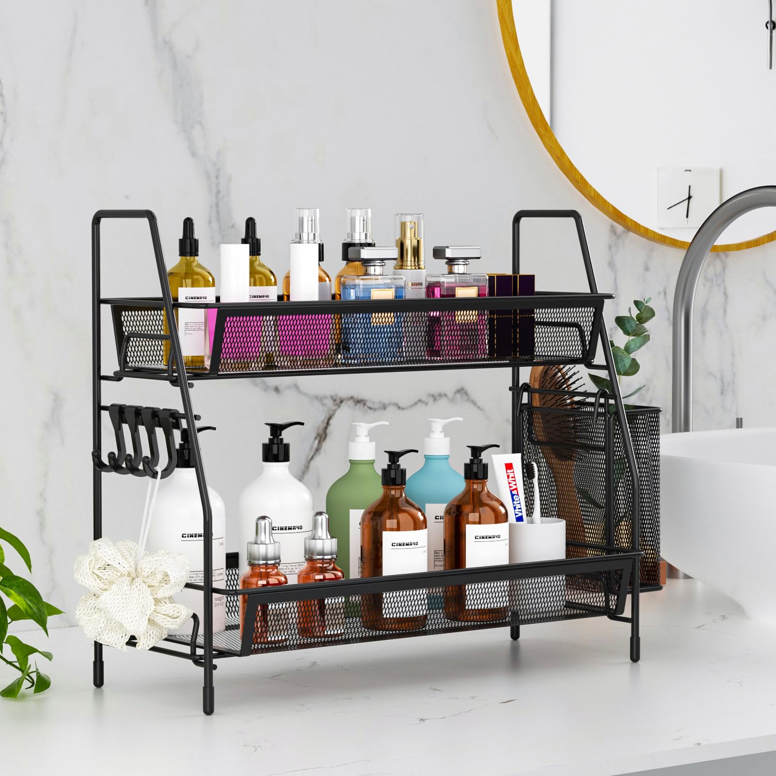 Organizador de baño de 2 niveles, organizador de encimera de baño de malla de alambre de metal con ganchos de cesta, estante de bandeja de tocador, estante de especias de cocina, negro 3