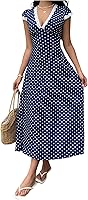 Milumia Women's Polka Dot Lace Trim Deep V-Neck Short Sleeve Flared Maxi Dress - Casual Summer Style