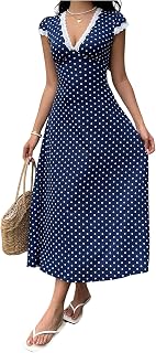 Milumia Women's Polka Dot Lace Trim Deep V-Neck Short Sleeve Flared Maxi Dress - Casual Summer Style
