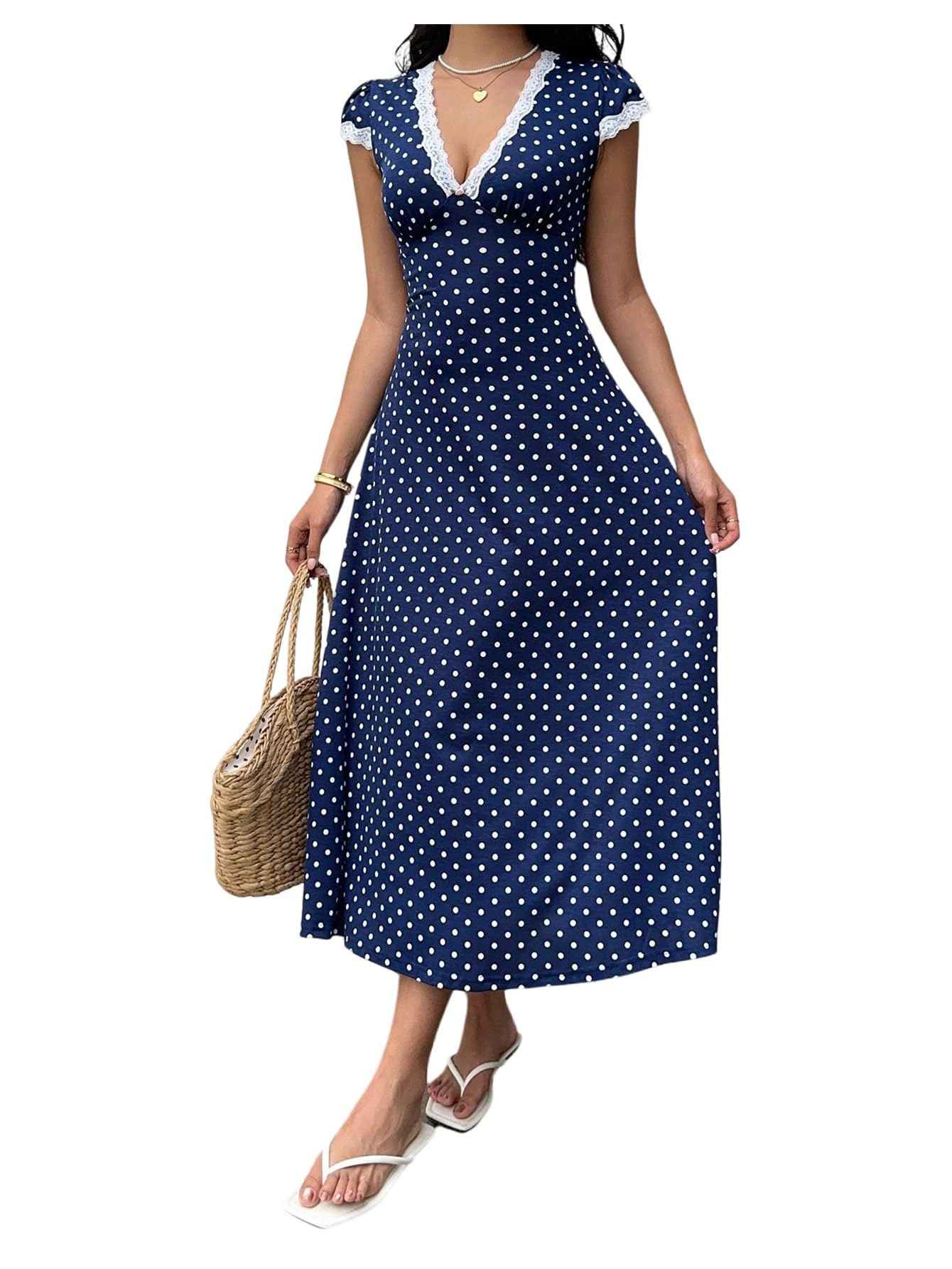 Milumia Women's Polka Dots Lace Trim V Neck Dress Short Sleeve Long Dresses | Cinched Waist, Elegant, Flowy, Sundress, Summer, Spring, Flared, Going Out, A‑Line,Church Dresses