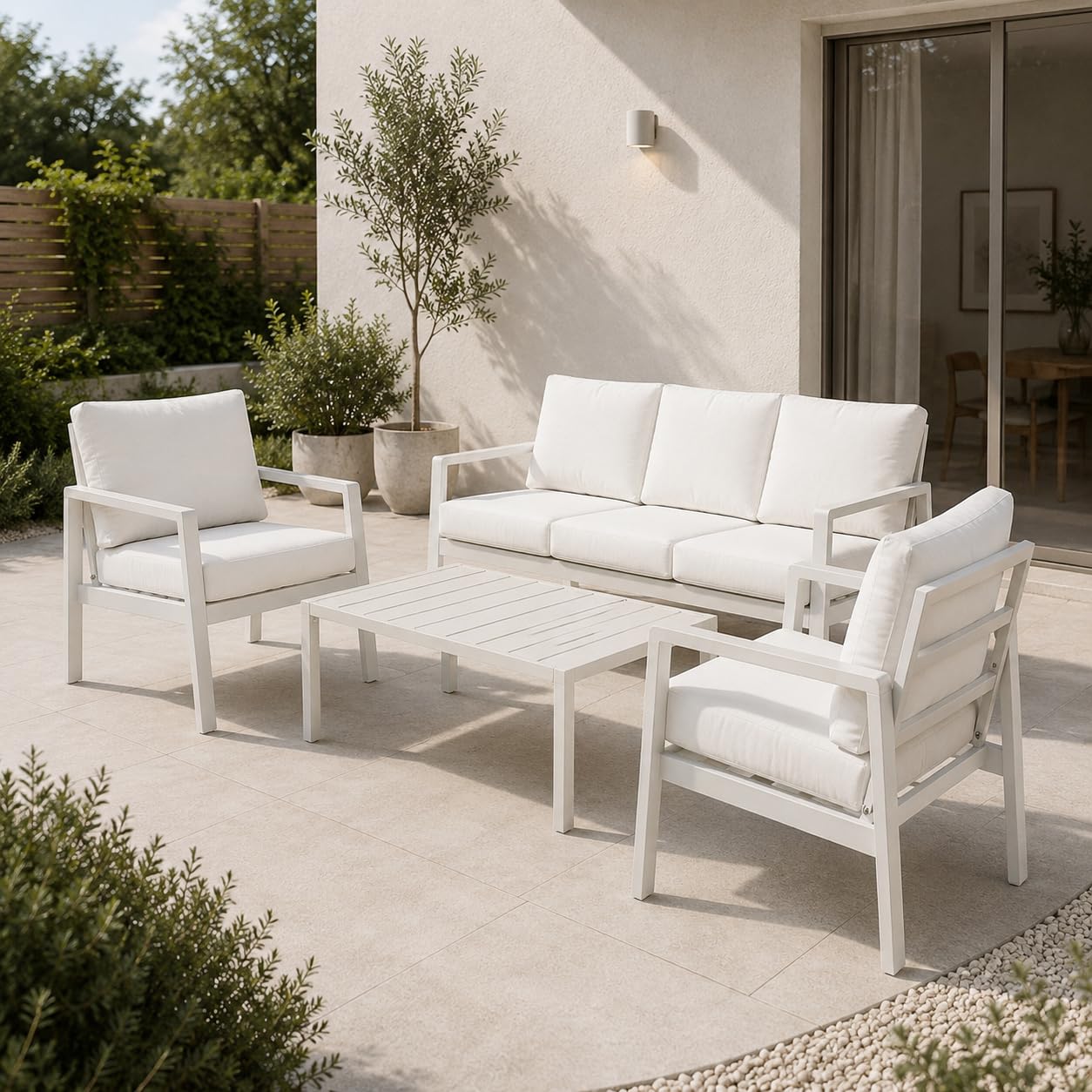Home Collective Gartenmöbel Set Lounge Möbel Outdoor Outdoormöbel | 4-teilig | 3-Sitzer Sofa 2 Stühle 1 Tisch | abziehbare Kissen Metallgestell | Möbel Garten Terrasse Balkon | Weiß
