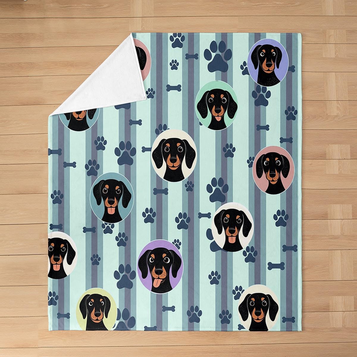 Dachshund Kids Flannel Blanket,Dog Paws Bones Print Geometric Stripes Bed Blanket for Boys Girls,Puppy Dog Animals Pets Rustic Fleece Blanket,Blue Fuzzy Blanket,Queen Size (90 x 90 Inches)