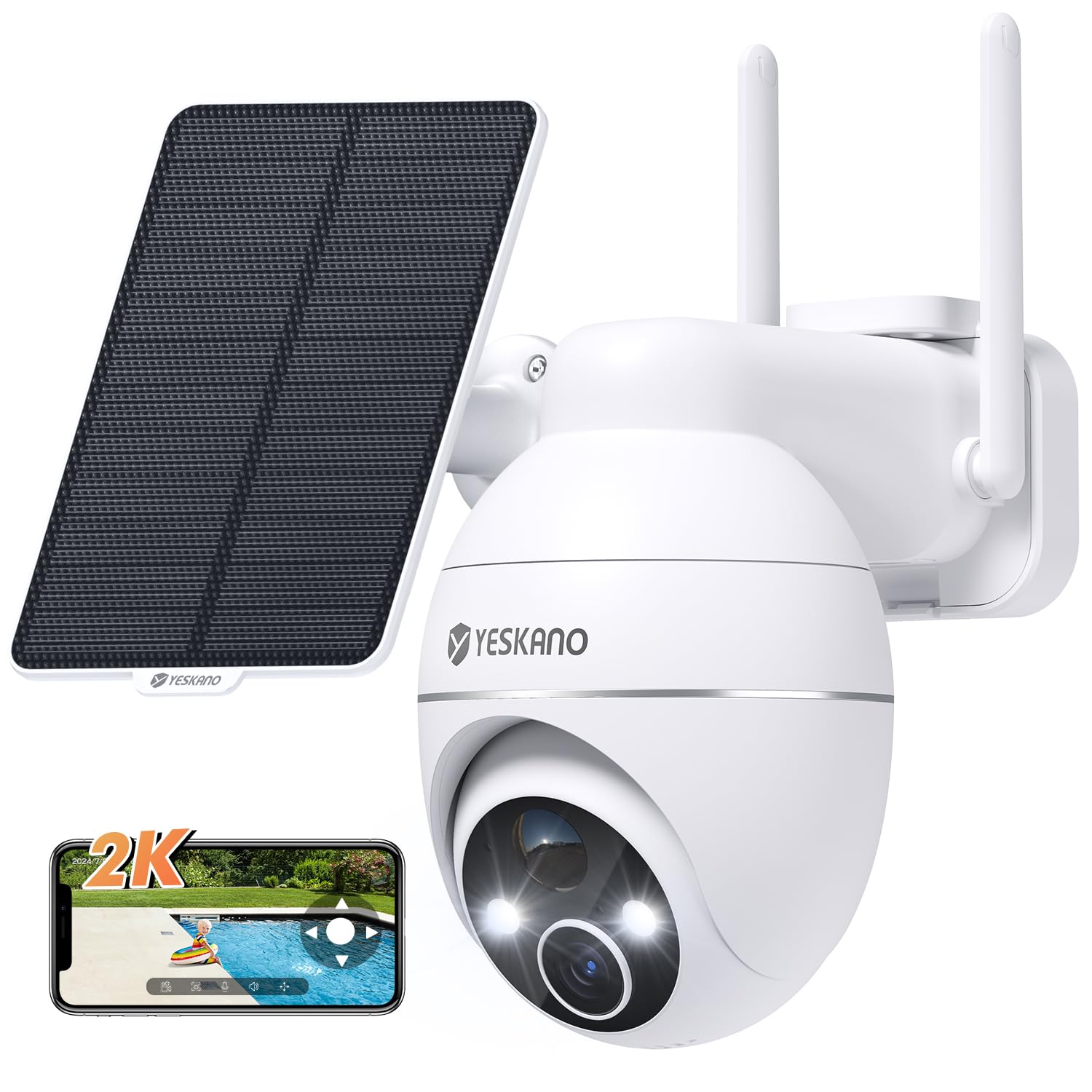 YESKANO Camara Vigilancia WiFi Exterior Solar 2K sin Cables, Panel Solar con Batería, 360° PTZ, Visión Nocturna Color, Detección PIR, Audio Bidireccional, IP66, sin Suscripción (Blanco) Global Recycled Standard Global Recycled Standard Global Recycled Standard