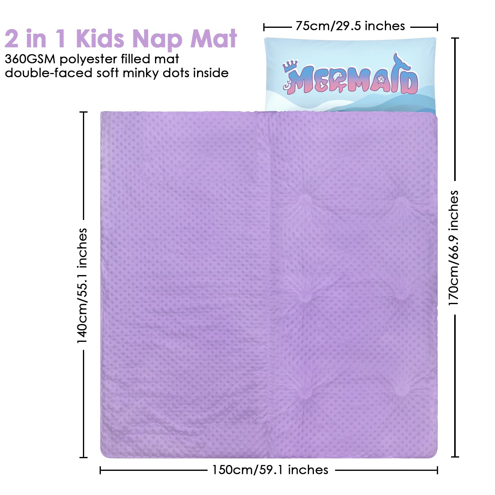 Grandi Dimensioni Sacco a Pelo Bambino con Rimovibile Cuscino 170×75cm, Pieghevole Nap Mat Caldo per Bambini Ragazze Ragazzi, Nap Mats con Doppia Cerniera per Campeggio, Scuola Materna e Asilo