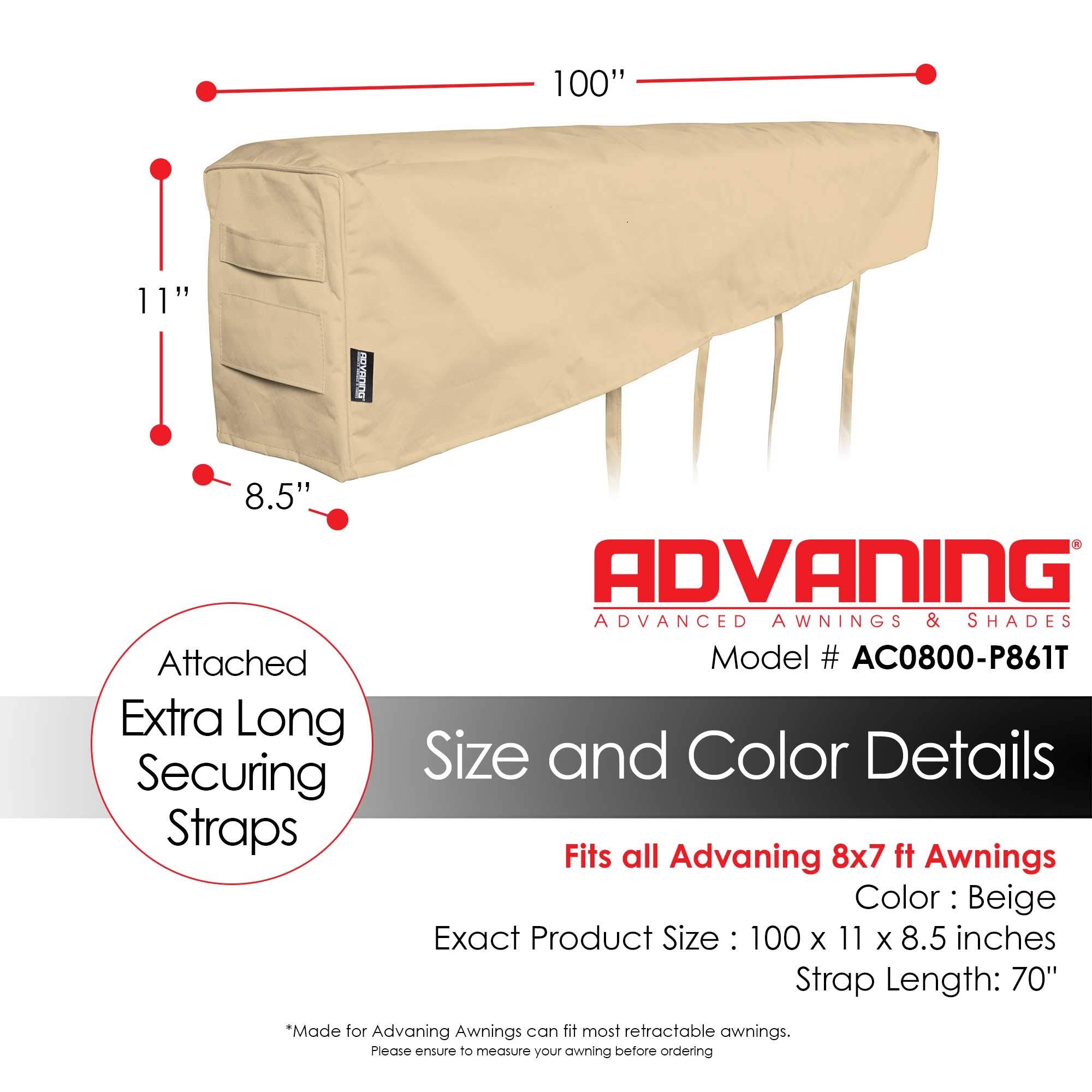 ADVANING AC0800-P861T Protective Cover for 8' Wide Retractable Awnings, Heavy Duty Weather Proof Polyester Fabric, Beige - Image 4