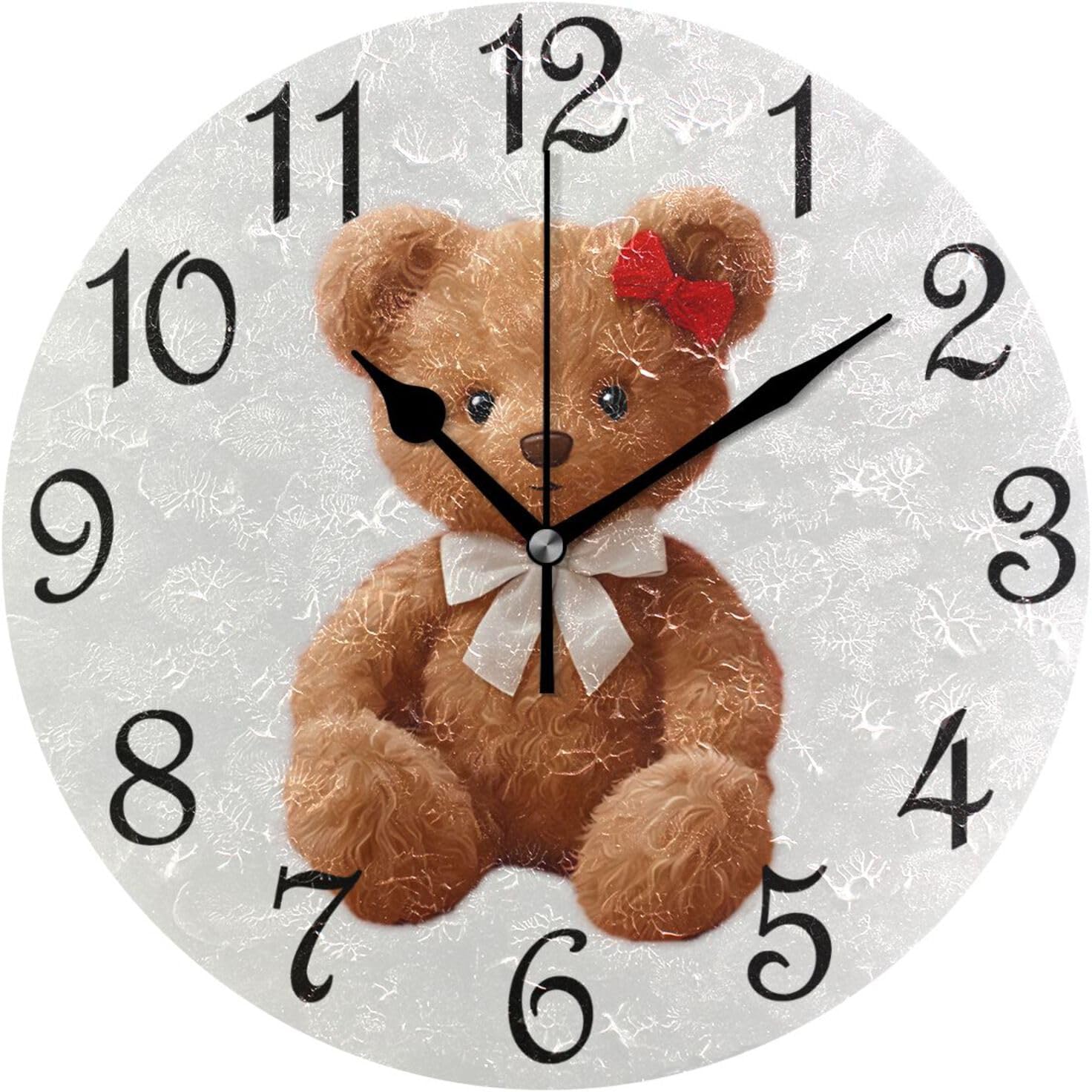Wall Clock Teddy Bear Doll Brown Red Bow Battery Operated Silent Non Ticking 10 Inch PVC Tabletop Clock Decorative for Kitchen, Bathroom, Bedroom, Desk, Bookshelf