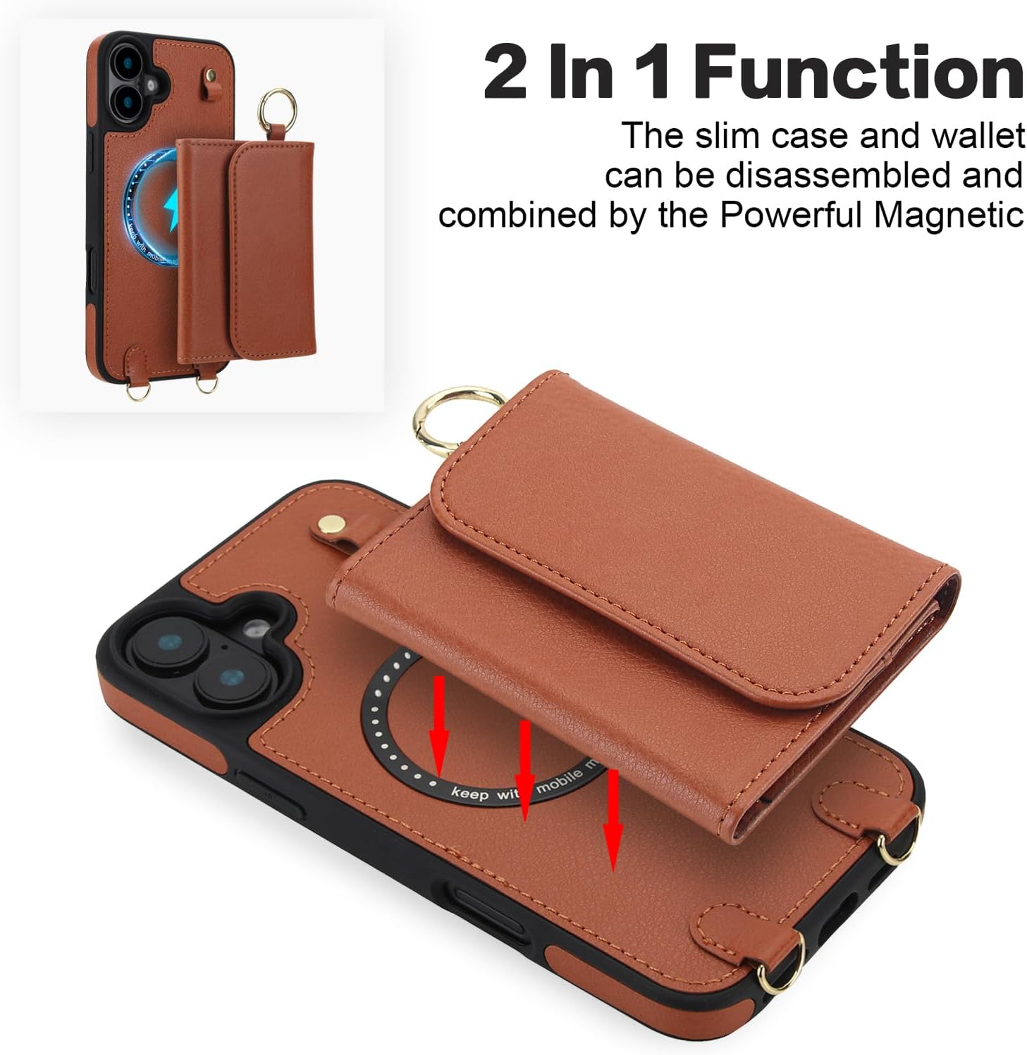 Asuwish Phone Case for iPhone 16 6.1 inch Wallet Magnetic Detachable Cover and Screen Protector Compatible with MagSafe Crossbody Lanyard Strap RFID Blocking Flip i Phone16 i16 16Case Women Men Brown
