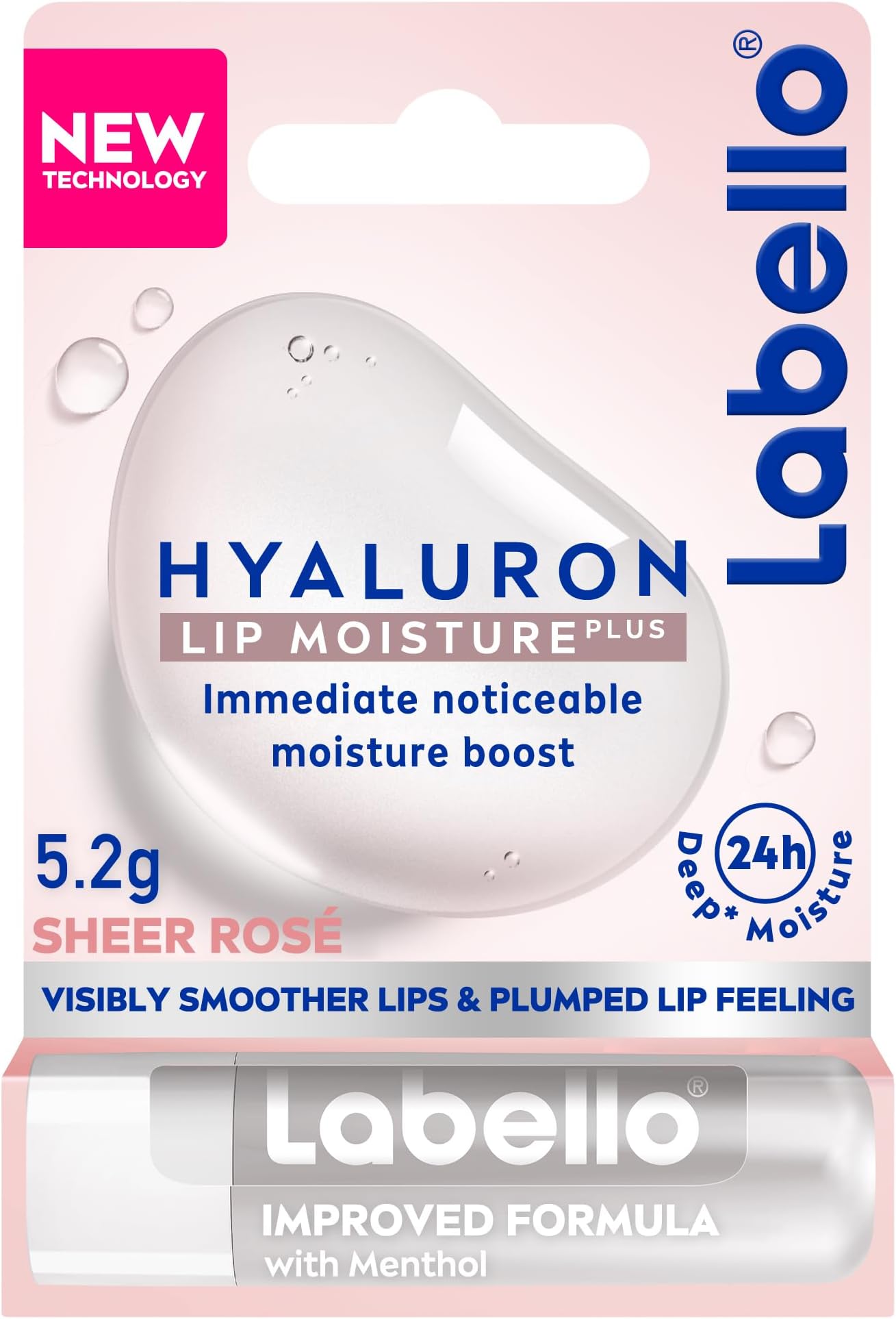 LABELLO Lip Balm Hyaluron Lip Moisture Plus Sheer Rosé with Hyaluronic Acid Long Lasting Moisture Non Sticky Vegan Formula for Smoother Fuller Lips 5.2g