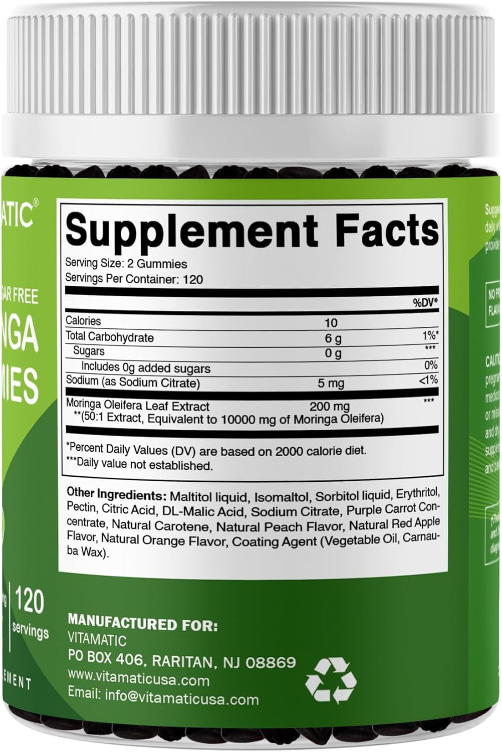 Vitamatic Moringa Gummies – Sugar-Free 50:1 Plant-Based Extract – Green Superfood – Pectin-Based, Vegan, Non-GMO – 240 Gummies