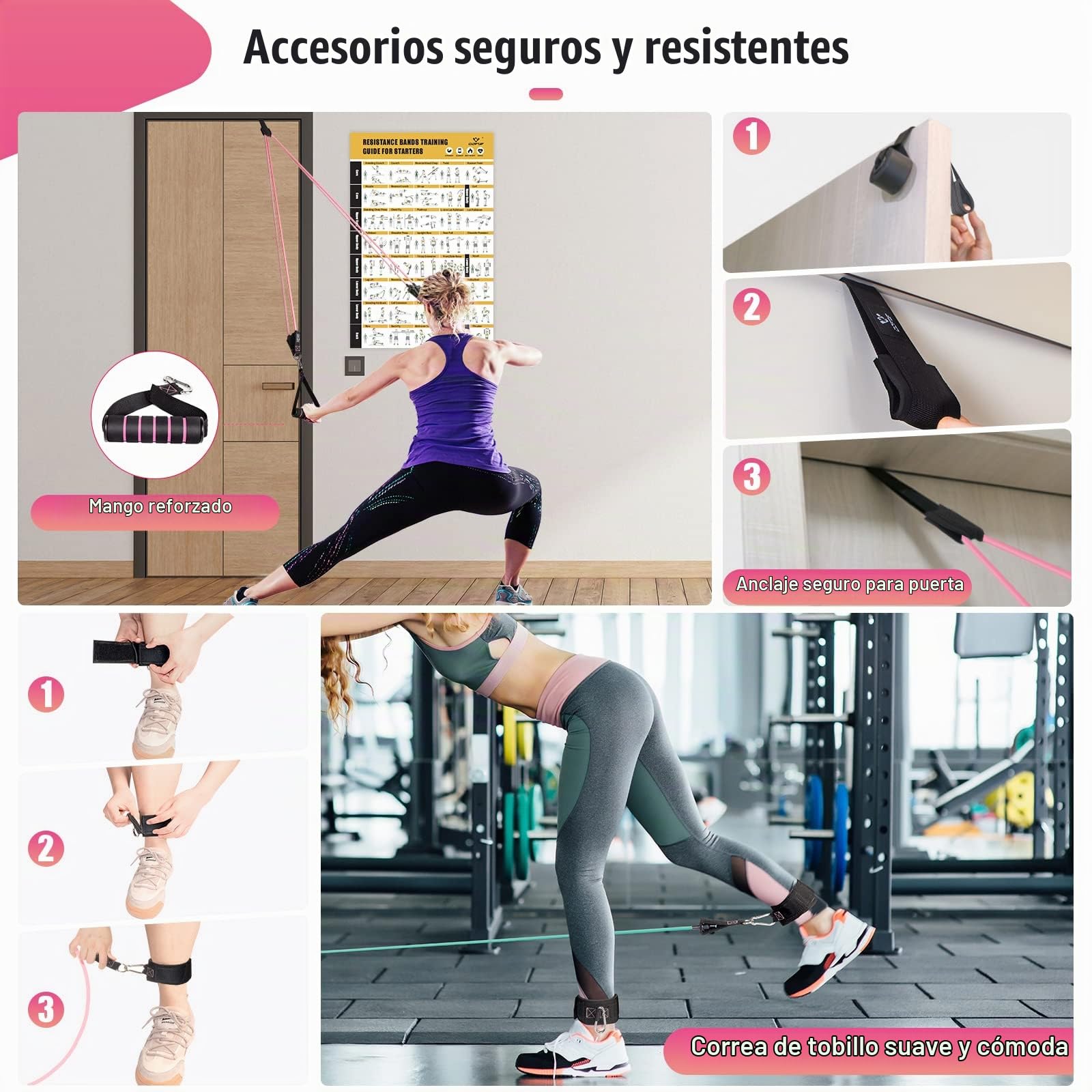Cintas Elasticas Musculacion, 5 Resistance Bands, Gomas Elasticas Musculacion con Manijas Grandea, Tobillo, Póster de Entrenamiento, Bands