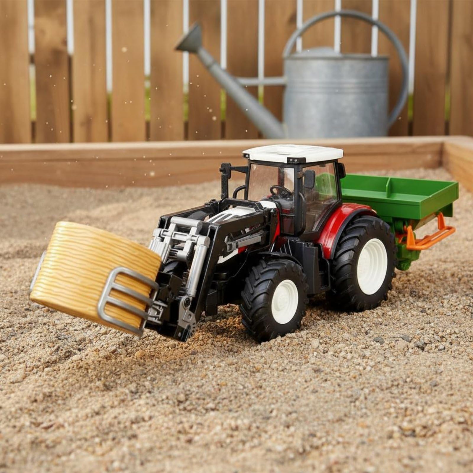 Gralara Tractor Teledirigido Infantil Vehículo Agrícola Camión Granja Remolque con Brazo Frontal y Funciones y Marcha Atrás para Tareas de Granja Simuladas, Verde