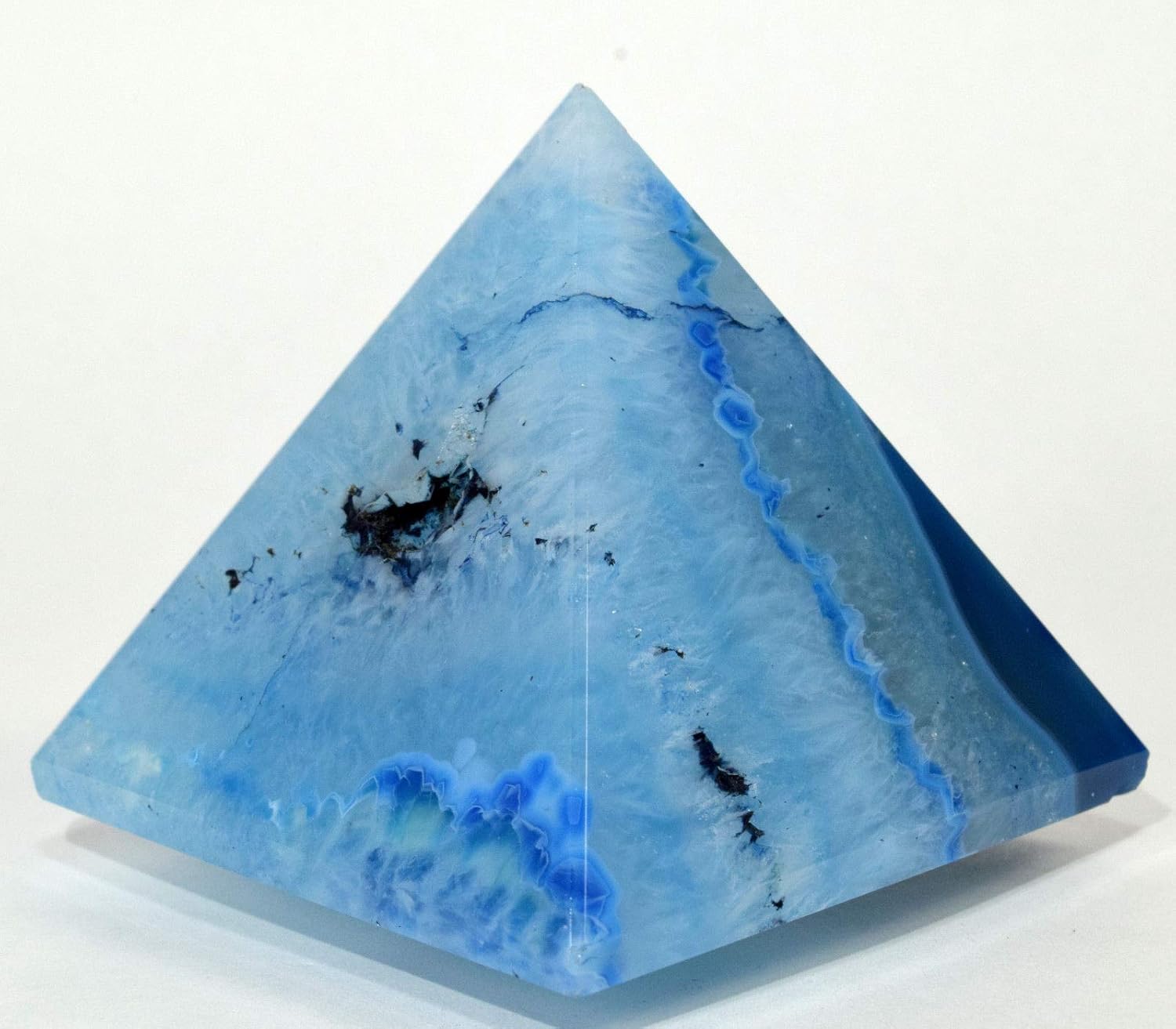 HQRP 2.5" 225g Dyed Rich Blue Chalcedony Agate Pyramid Polished Sparkling Banded Gemstone Crystal Mineral Collectible Specimen - India + One Clear Quartz Pebble