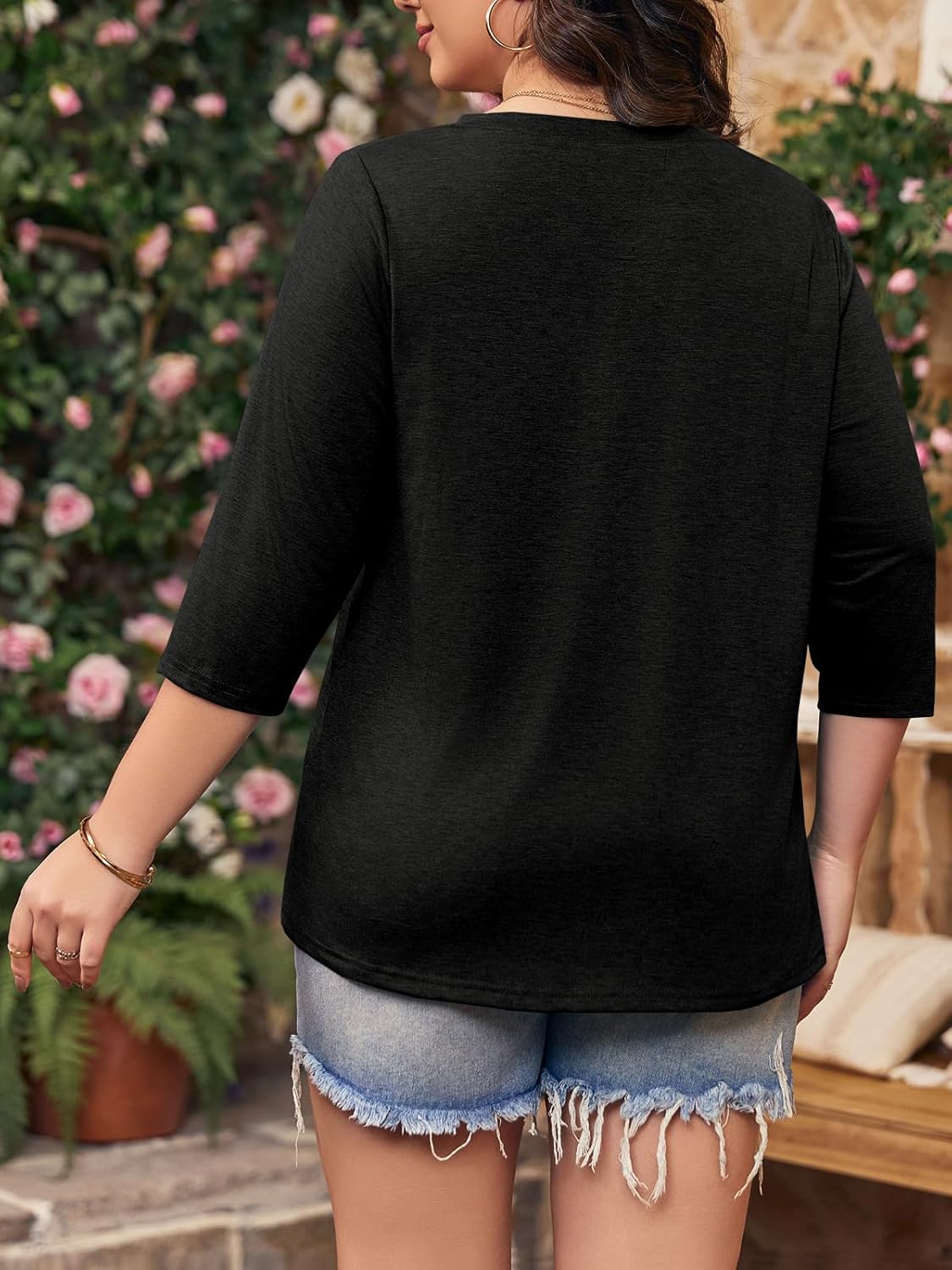 Tankaneo Women Plus Size Tops V Neck 3/4 Sleeve Casual T Shirts Loose Basic Tunic Tees - Image 2