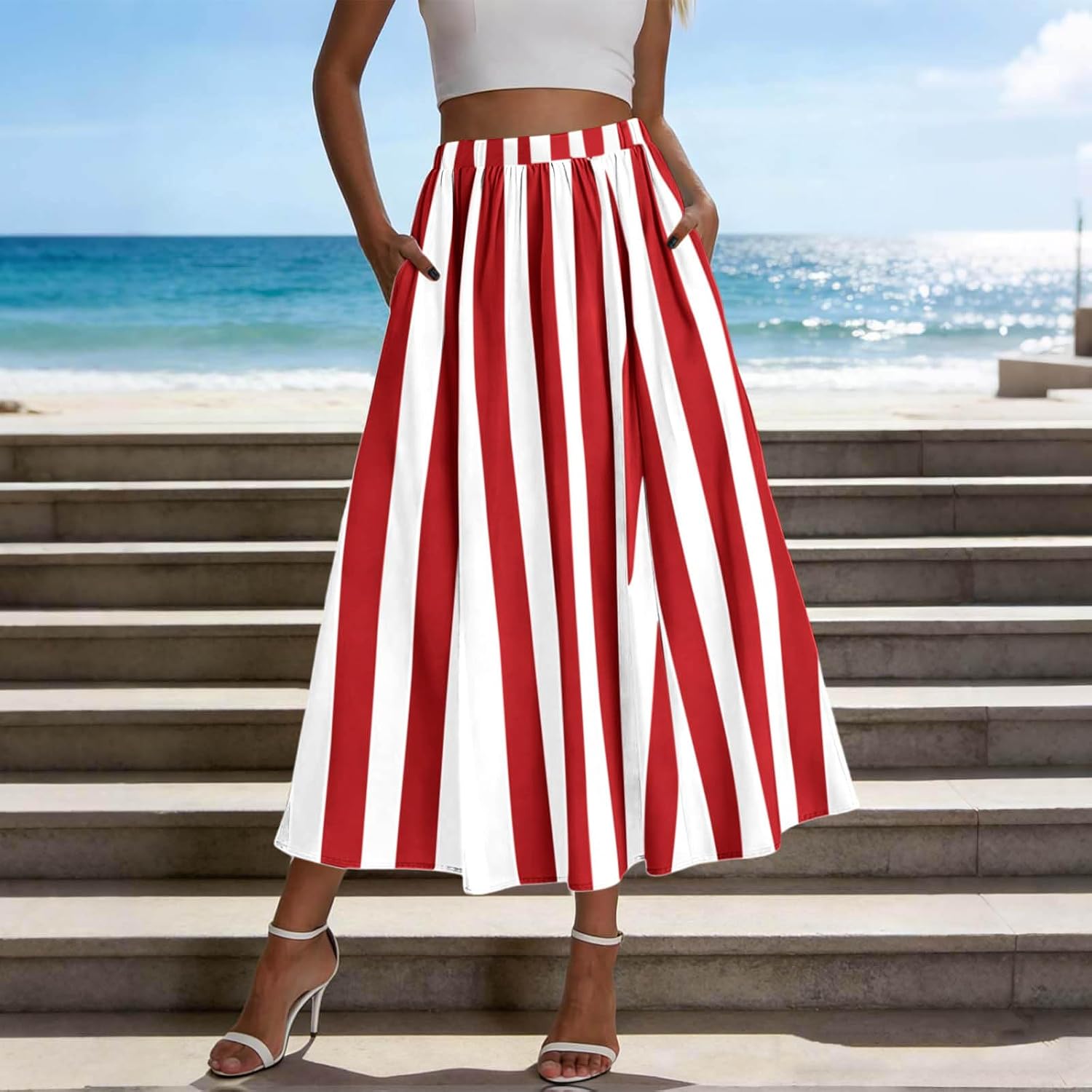 Women's Boho Maxi Skirt with Pockets High Waisted Elastic Striped Flowy A-Line Long Skirts Color Block Casual Skirts
