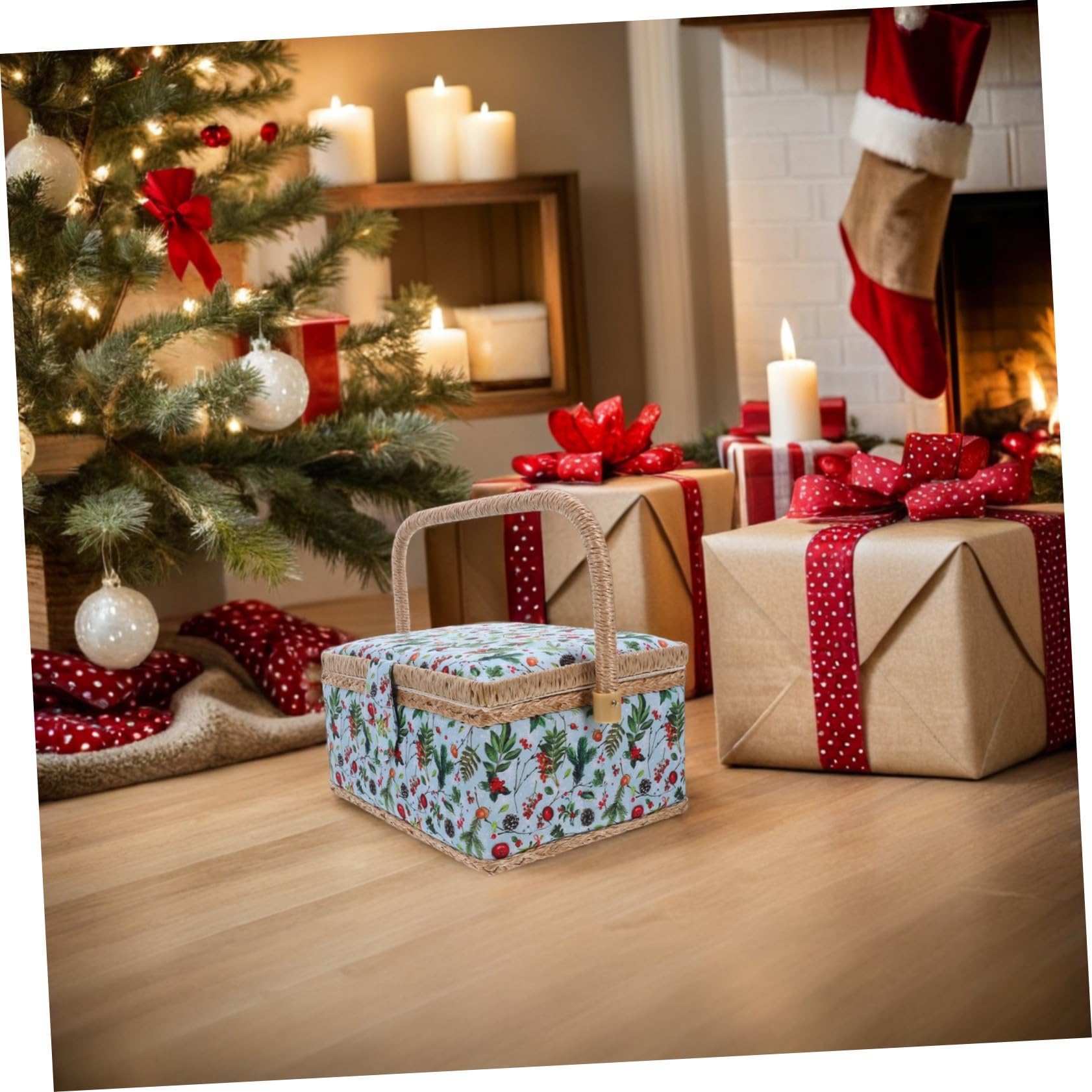 Cesta de Costura Portátil Grande con Asa Diseño Europeo Navideño Organizador de Tela para Bordado y Herramientas Caja de Almacenamiento para Manualidades