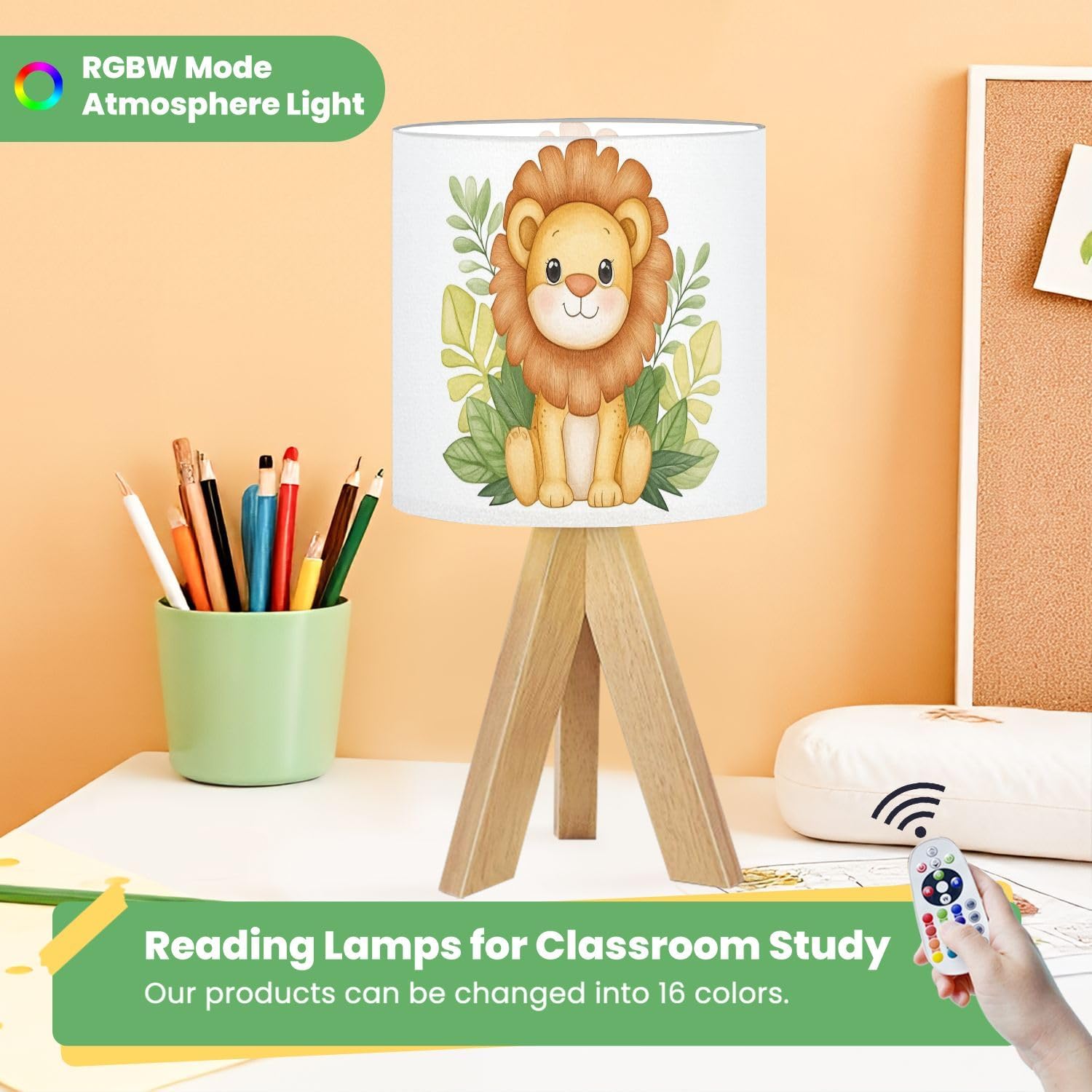 Cute Kids Bedside Desk Table Lamp Cute Animal Jungle Smiling Lion Green Leaves Yellow Cartoonish Children Nightstand Lamp, Tripod Small Night Lights Linen for Nursery Room Bedroom Dorm Decor