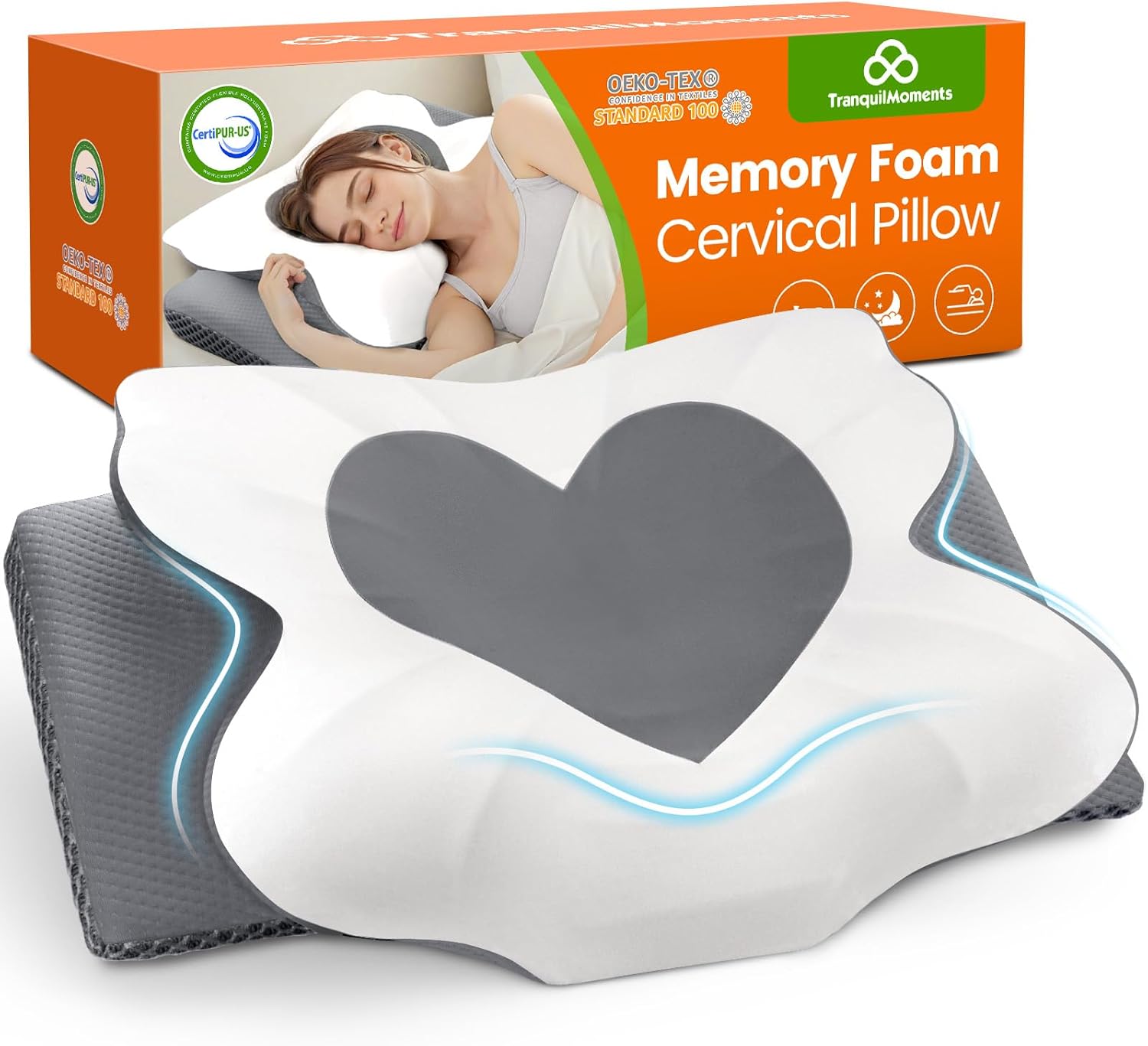 Cervical Neck Pillow for Sleeping, Memory Foam Pillow for Neck Support, Ergonomic Pillow for Pain Relief, Contour Bed Pillow for Side Back Stomach Sleepers, Grey, Queen Size