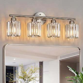 Modern 4-Light Crystal Vanity Light, Brushed Nickel Bathroom Lighting