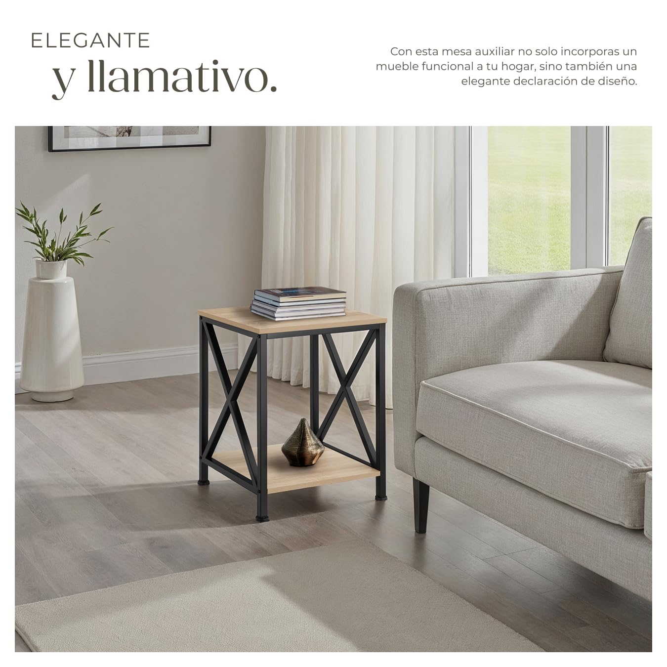 tectake® Mesa Auxiliar Salon Estilo Industrial con 2 Estantes y Pies Ajustables, Mesitas de Noche, Decoracion Hogar, Muebles, Oficina - 40,5 x 40,5 x 52,2 cm Madera Industrial Clara, Roble Sonoma