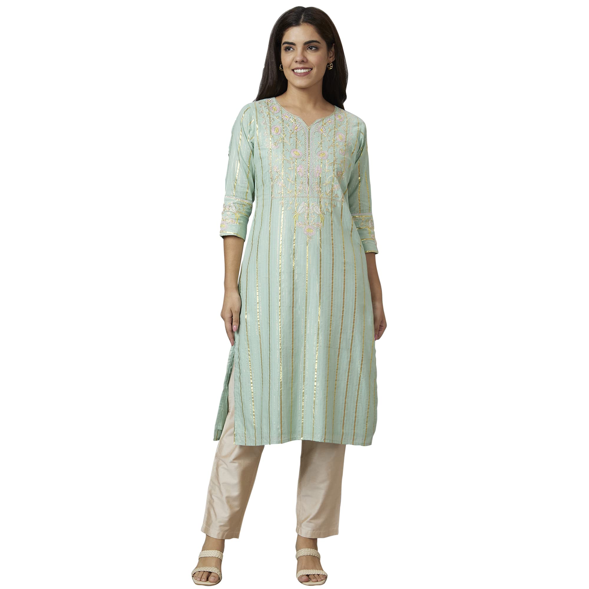 Campus Sutra Women Pink Gold Zari Yoke Solid Straight Kurta Set with Trouser and Printed Organza Dupatta in pink