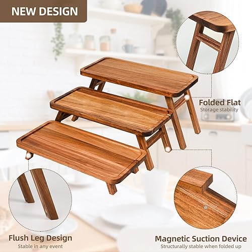 Miniatura 4 de GEHE Bandeja de servir de 3 niveles para fiestas, soporte plegable para cupcakes, juego de torre de madera de acacia, soporte de exhibición de mesa