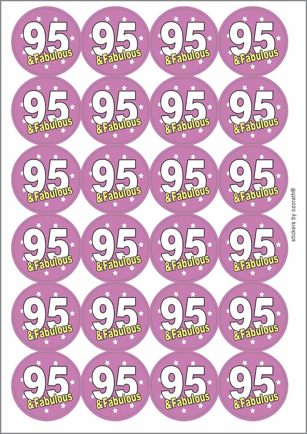 95 Ninety Five Fifth 95th Fabulous Birthday Circular Matt Paper Stickers A4 Sheet of 24 (Each Sticker is 45mm Diameter)