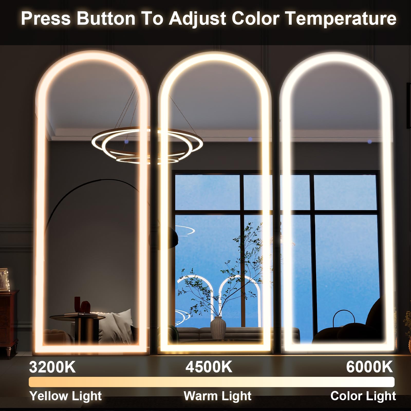 GLSLAND 20"x56" Arched LED Full Length Mirror with Lights – Wall Mounted or Standing Full Body Mirror for Bedroom/Cloakroom – Dimmable with 3 Color Lighting Modes: Arched 64"L x 21"W