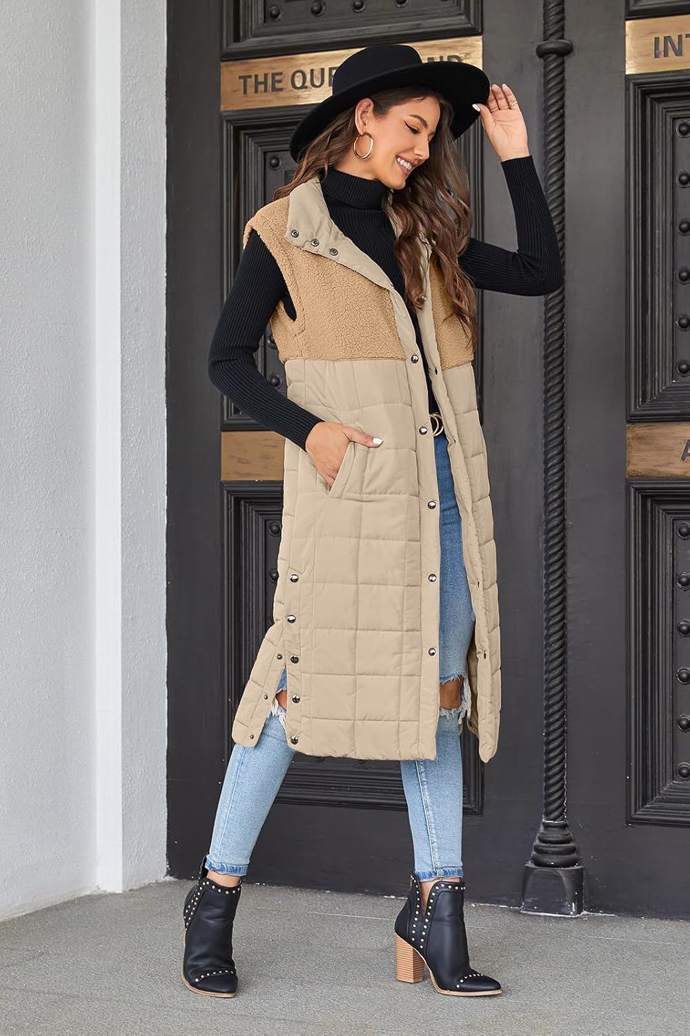 UMEKO Women's Long Puffer Vest Fleece Jacket Winter Button Down Sleeveless Coats - Image 5