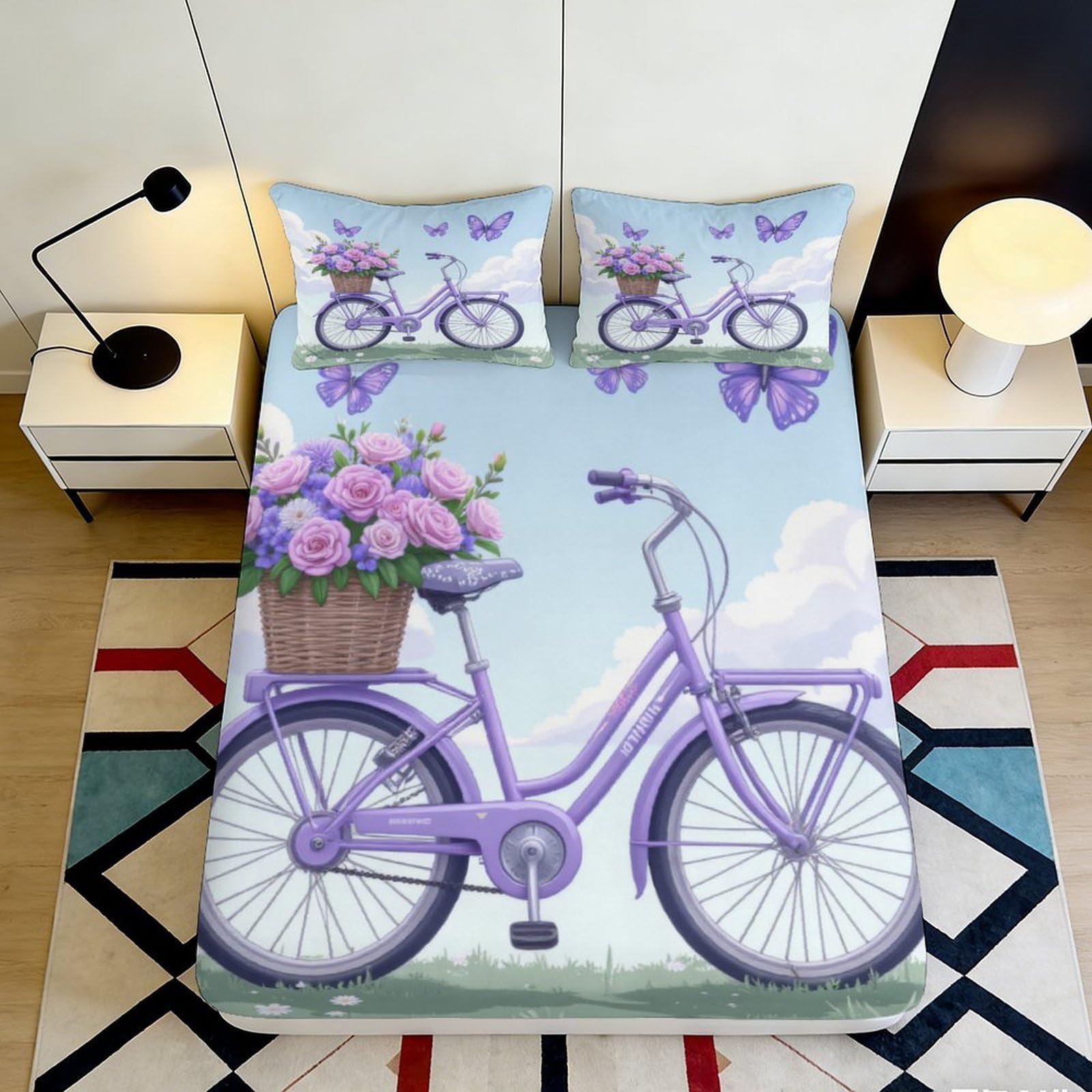Pnayamiorkfel Style-10 3D Printed Purple Bicycle Fitted Sheet Microfiber Floral Butterfly Mattress Cover For Bedroom Guest Room Decor 90X200x25cm