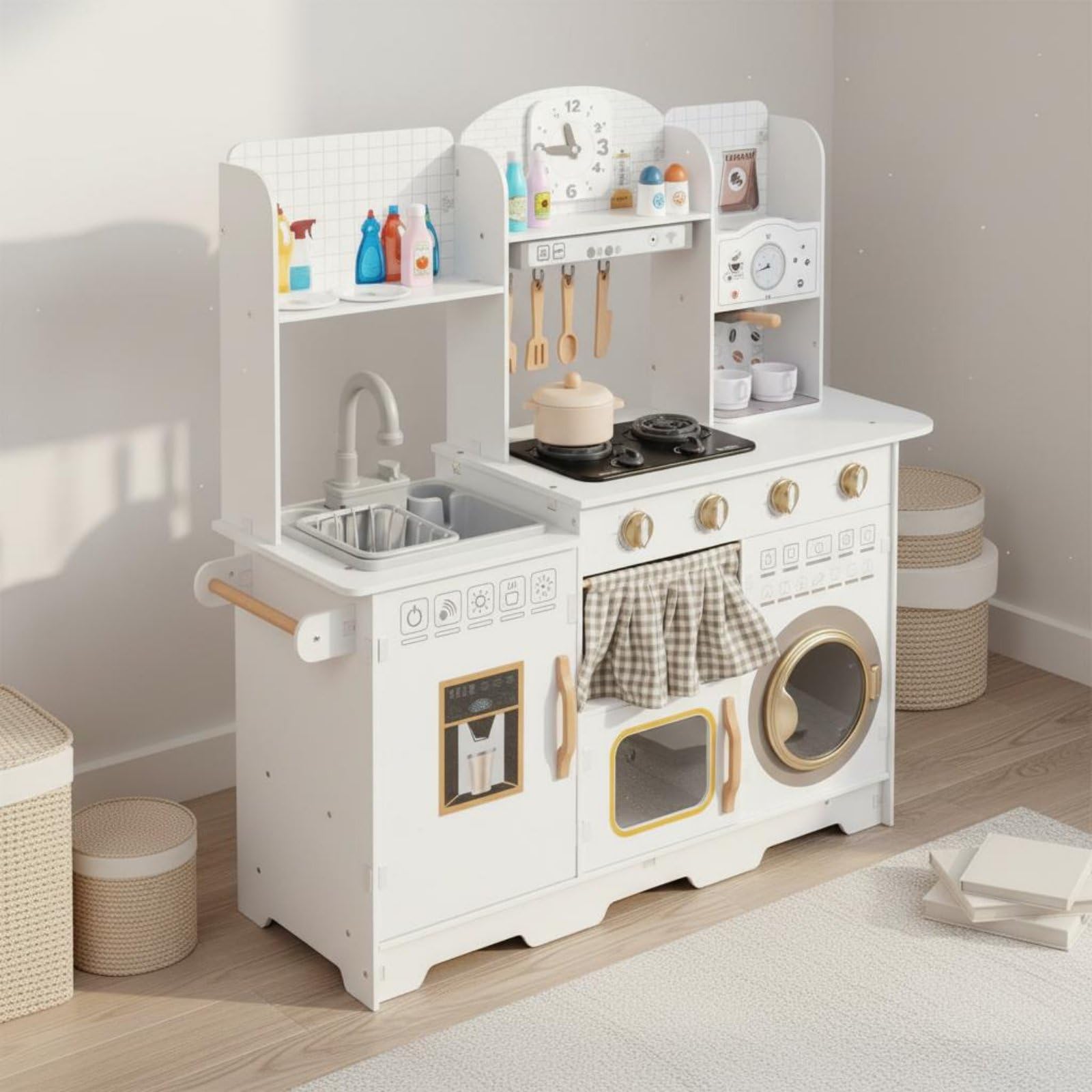 Cucina Giocattolo in Legno Bordi Arrotondati Cucina da Gioco con Acqua Suono e Luci per Casa