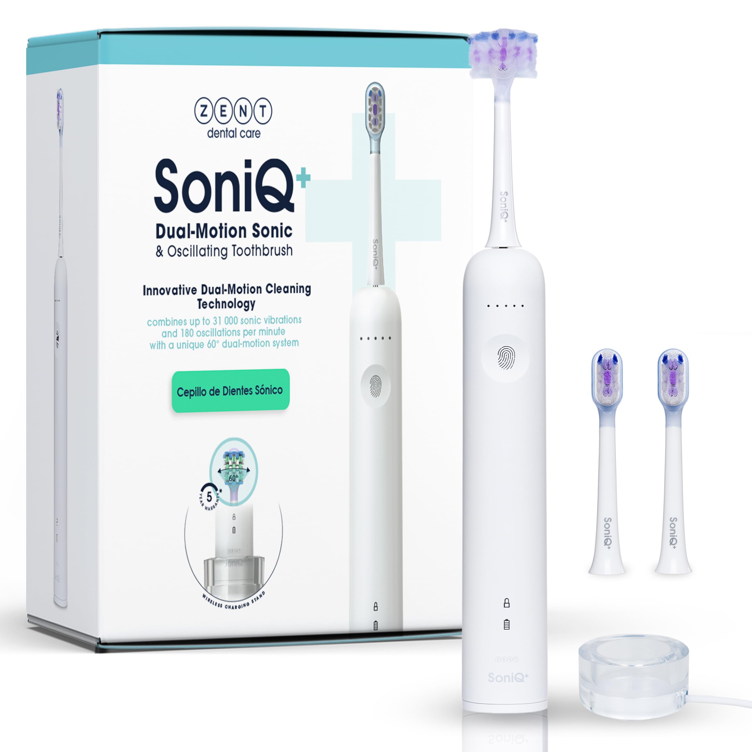 ZENT Cepillo de dientes eléctrico 2en1 para dientes sensibles | Cepillo sonico dental con movimiento rotativo de 60°, 5 modos de funcionamiento, IPX7 Impermeable, Cargador por inducción