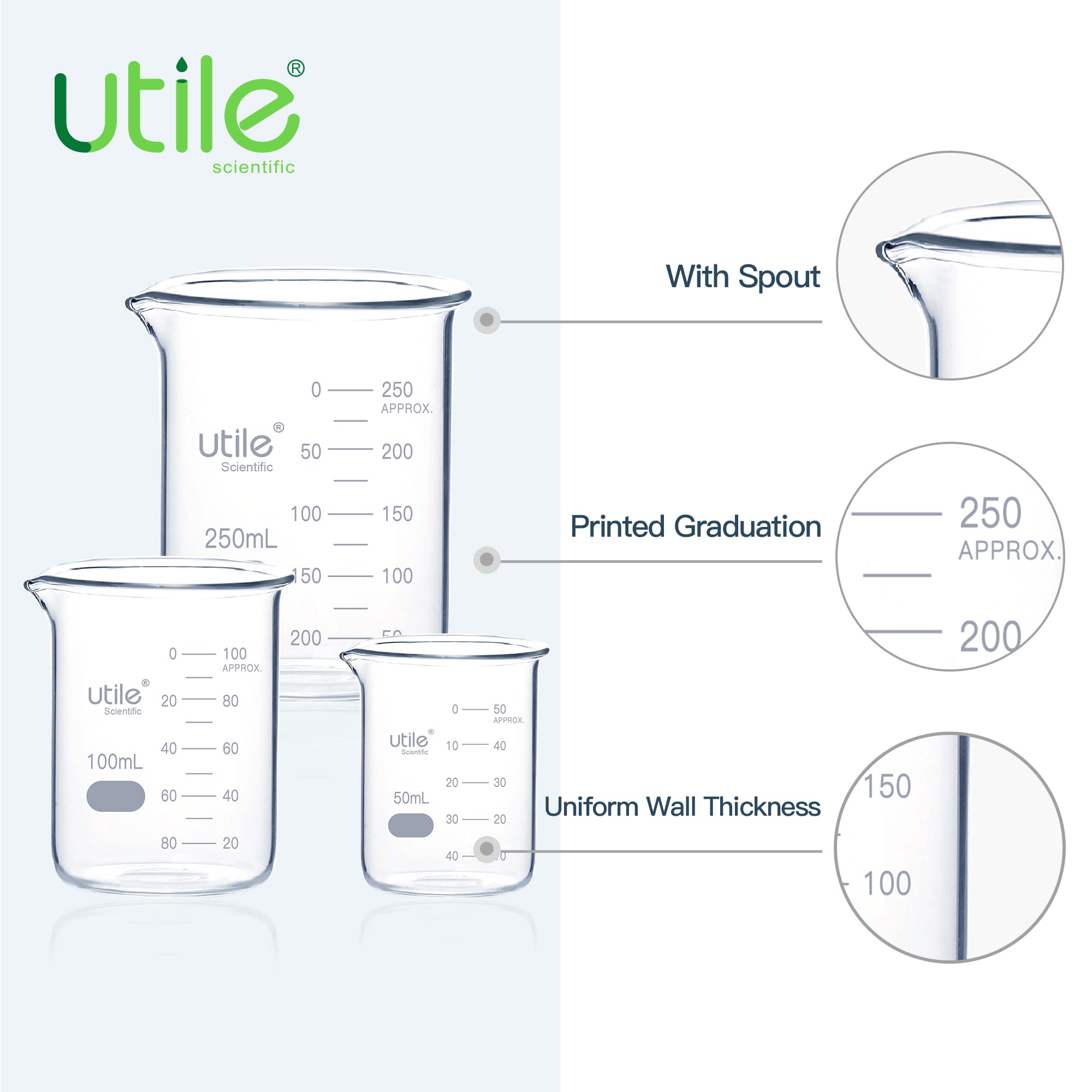 Utile Beaker Set, Low Form Glass Beakers, 3 Sizes of Vol.50ml 100ml 250ml, 3.3 Borosilicate Glass with Double Scale Printed Graduation, 4099.0004.1 — Amazon image 3