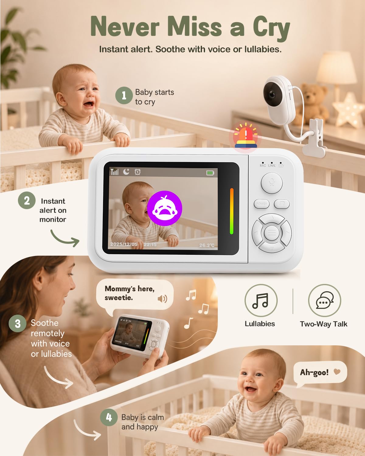 Monitor de bebé con cámara y audio, pantalla de 2.8 pulgadas, monitor de bebé sin wifi con clip para cuna y soporte, cámara portátil de viaje para cama de bebé con visión nocturna automática, VOX