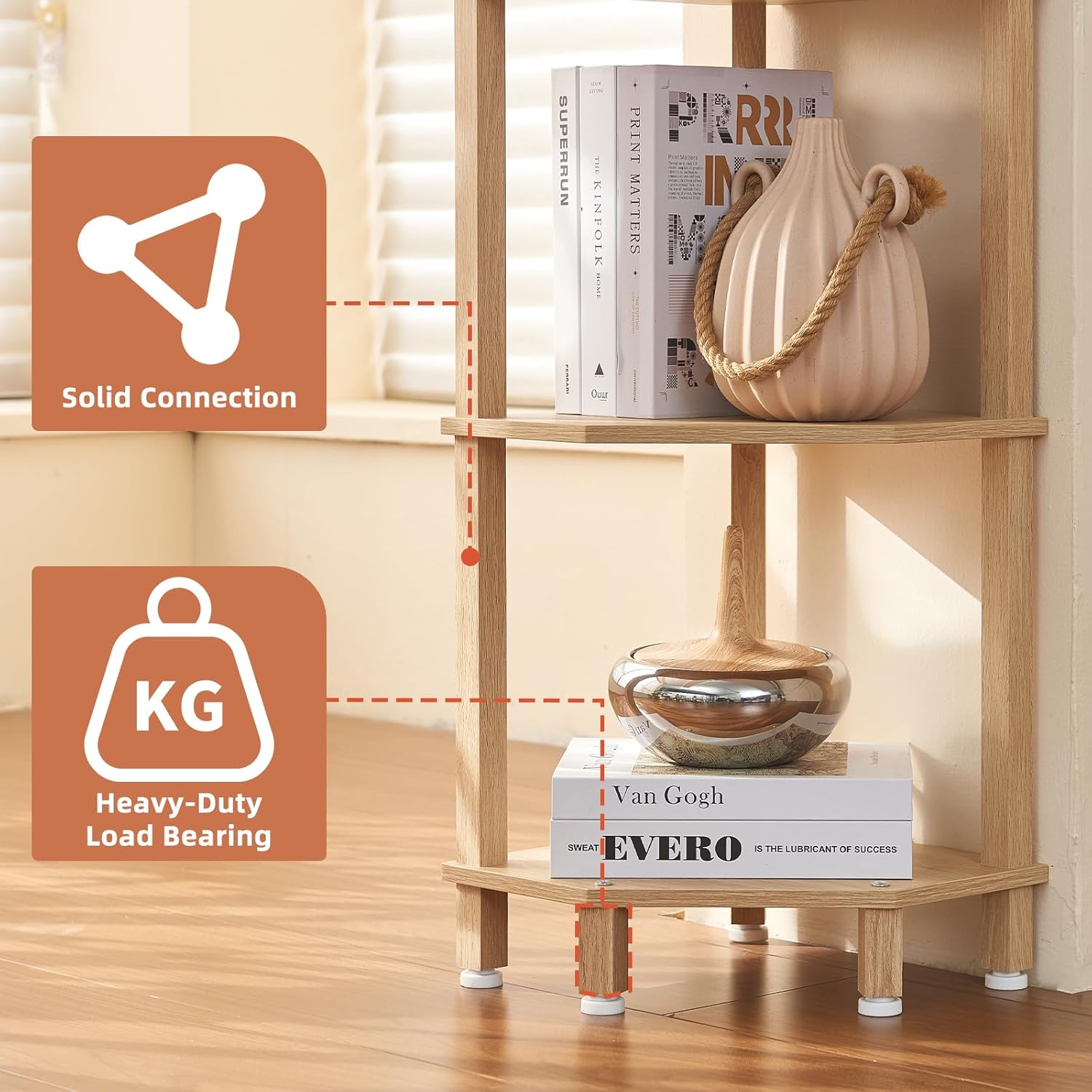 4-Tier Corner Shelf with Sturdy 5-Leg Base, 41in Tall Narrow Bookcase for Small Spaces, Wooden Plant Display Shelf, Thin Bookshelf for Living Room, Bedroom, Office, Natural