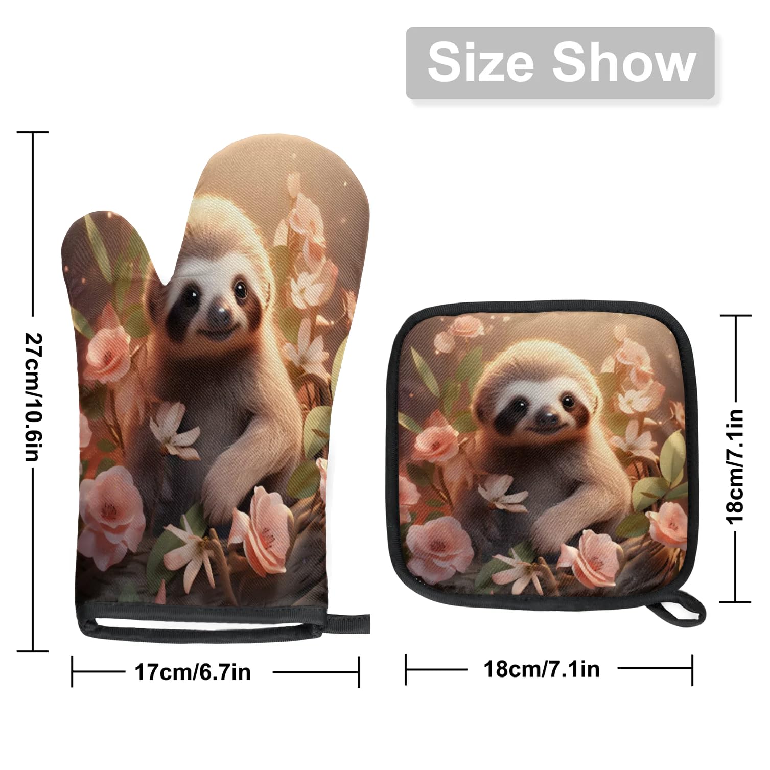 Beautiful Flower Sloth Oven Mitts Kitchen Oven Gloves for Cooking Baking Heat Proof Lining Cotton Kitchen Potholder Mittens Pot Holders Hot Pads for Chef Women Men
