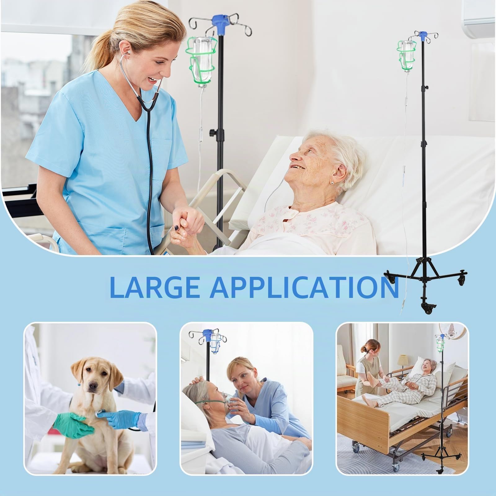 Support de Perche Intraveineuse avec Roues, Pliable Support D'infusion IV avec 4 Crochets, Hauteur Réglable, Télescopique Support de Perfusion pour Hôpital et Soins à Domicile