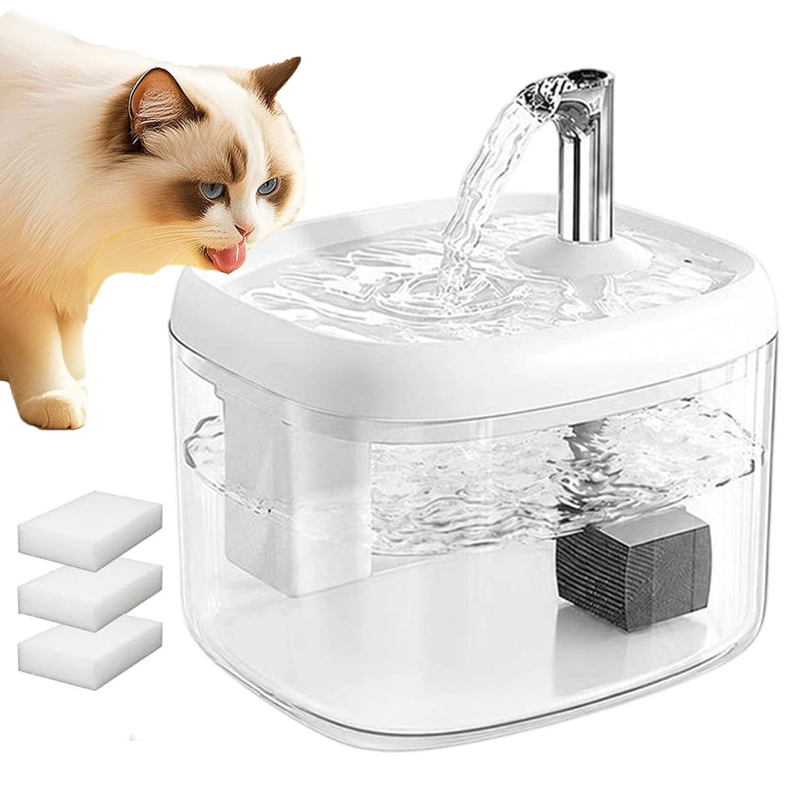 Flowing Pet Water Fountain, Silent Pet Drinking Dispenser with Food-Grade PET Bowl, 1.5L Multi-Layer Automatic Cat Water Fountain Dog Water Dispenser with 3 Replacement Filters for Cats Dogs，White