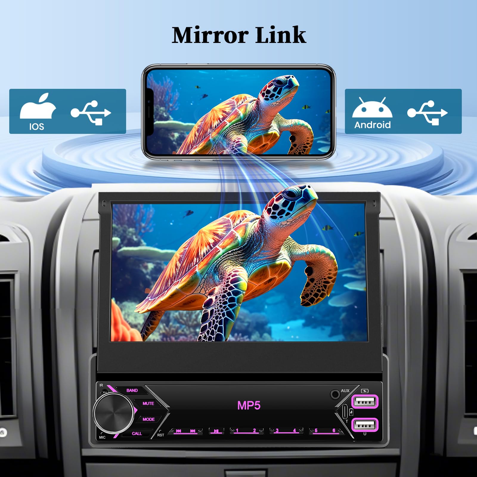 Roinvou Autoradio 1 Din avec Mirror Link, Écran Tactile Rétractable 7 Pouces MP5 Radio pour Voiture Stéréo avec Récepteur Bluetooth USB Type-C AUX EQ FM SWC Caméra de Recul & Microphon