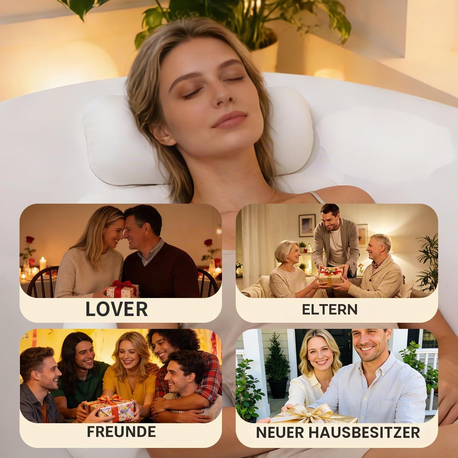 4D Silikon Badewannenkissen, Verstellbare Badekissen für Badewanne Kopf Nacken Rückenstütze mit Saugnäpfen, Schnell Trocknendes und Rutschfestes Spa-Geschenke für Frauen (Weiß)