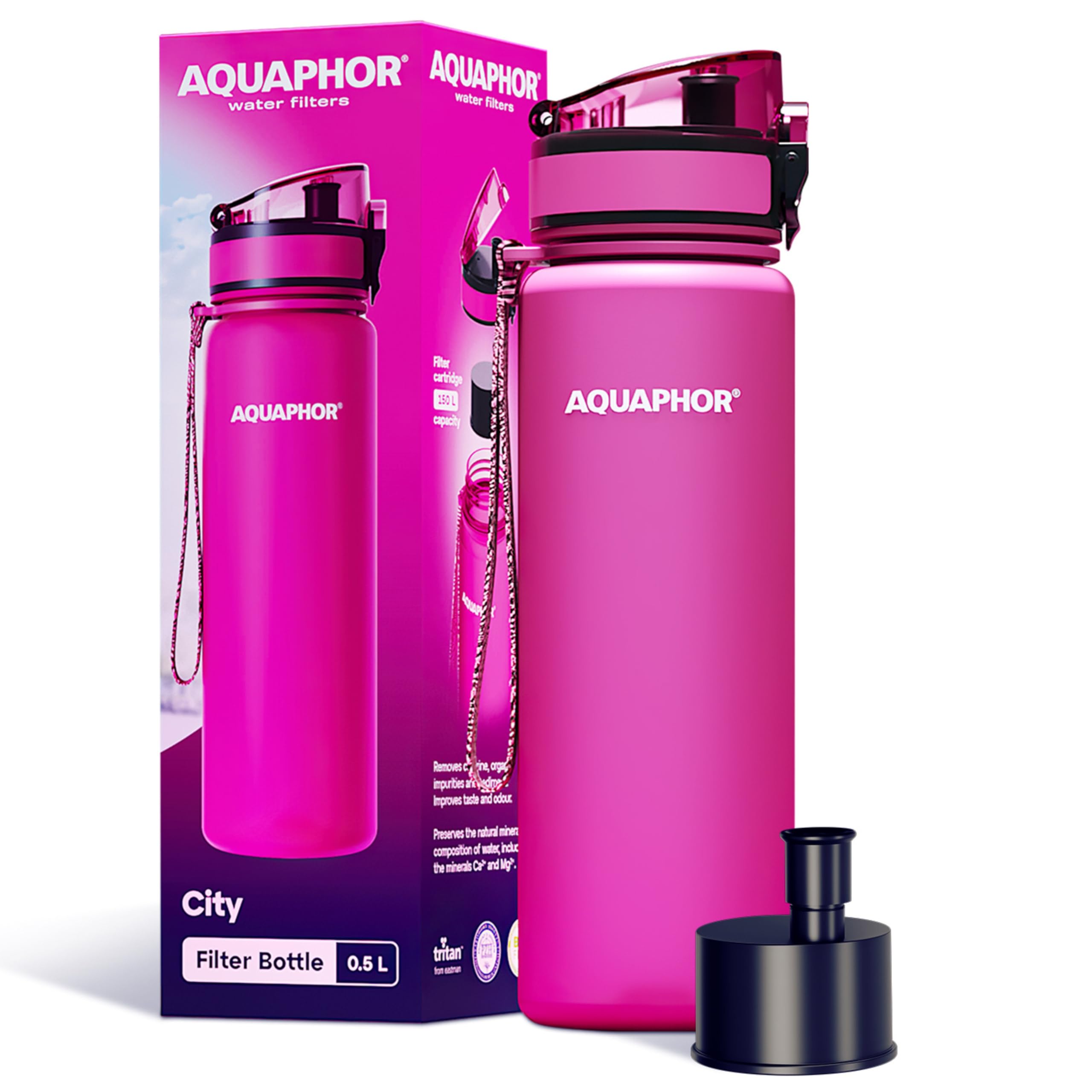 Aquaphor Pink City Bottle 500Ml | Travel Water Bottle With Activated Carbon Filter | Filters Chlorine & Impurities | Made Of Tritan & Bpa-Free | Stay Hydrated On The Go!