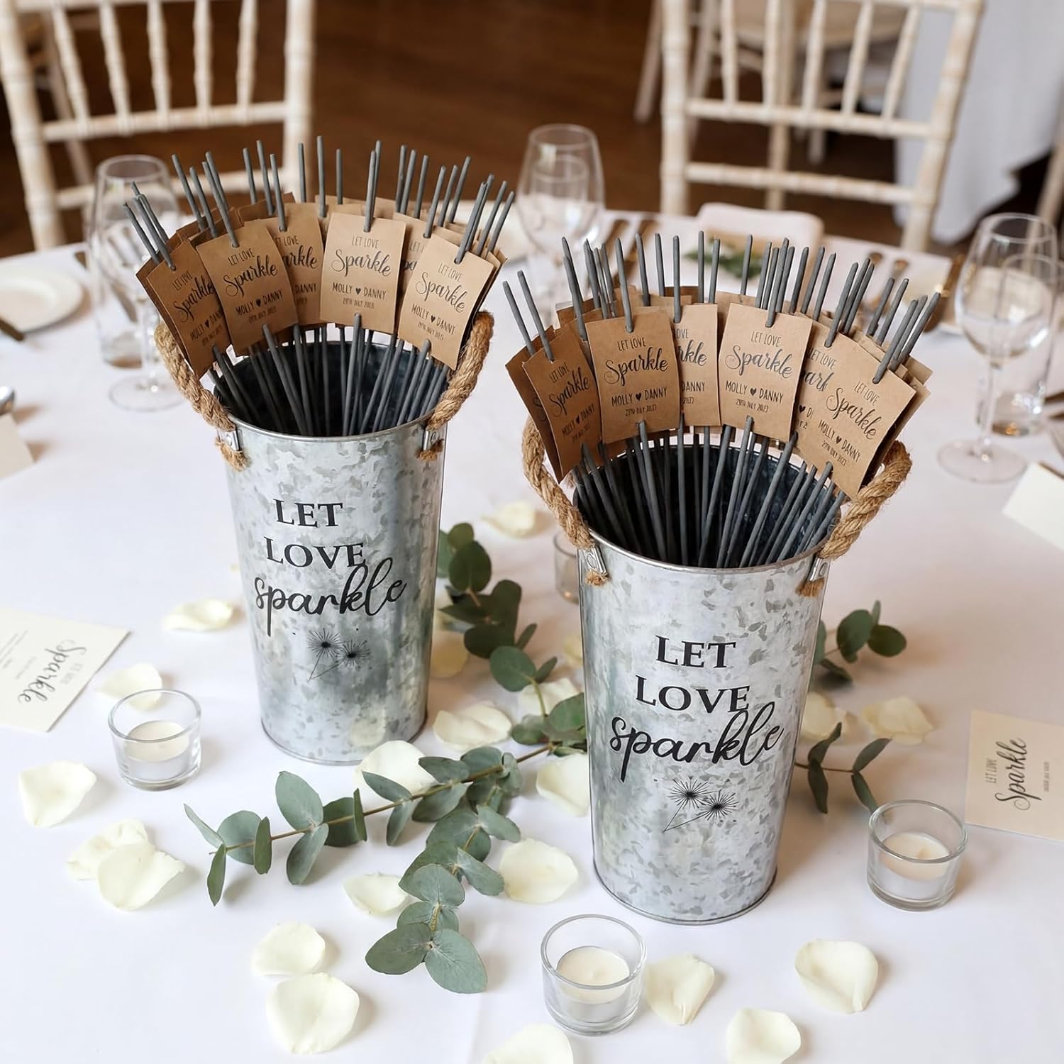 2 Pcs Wedding Sparklers Galvanized Metal Buckets 9.8 Inch Let Love Sparkle Sparklers Wedding Send Off Buckets for Anniversary Engagement Bridal Shower, Excluded Sparkler(Classic Style)