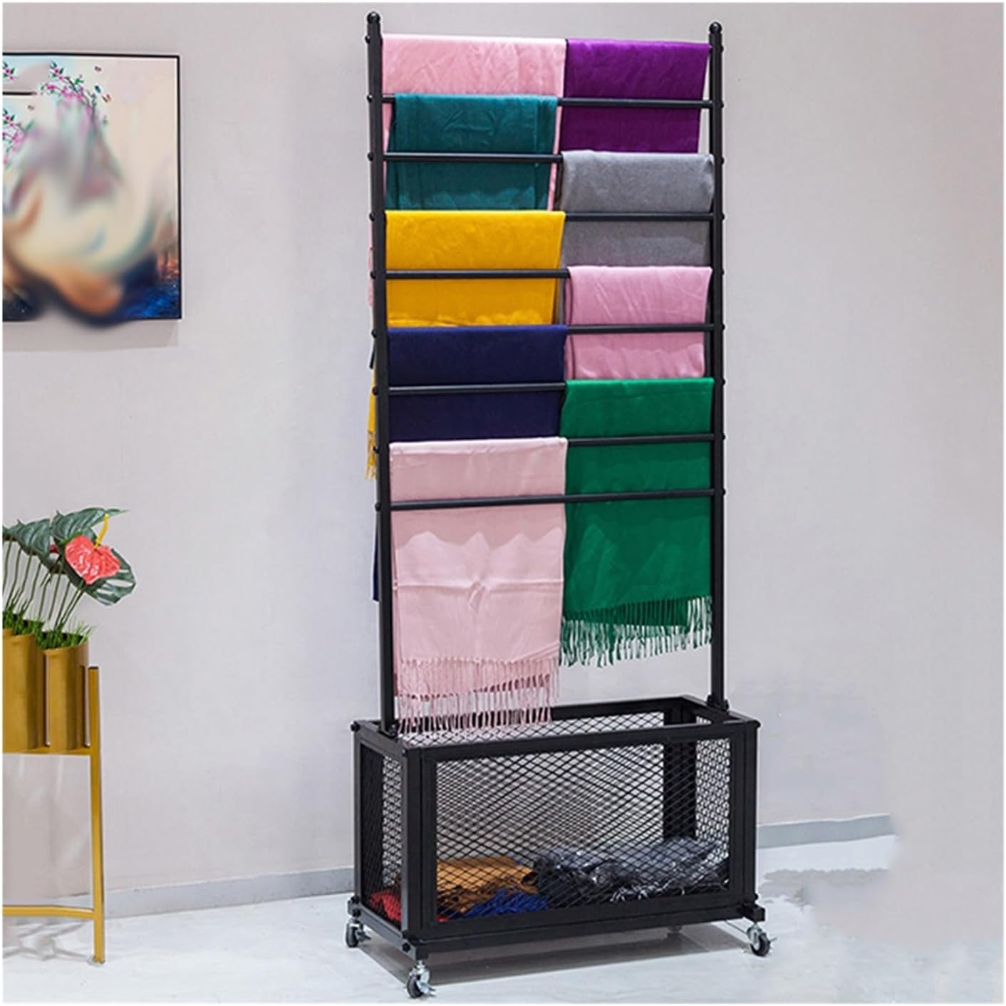 Wrapping Paper Storage Rack, Ribbon Organizer with Storage Basket, Wrapping Paper Roll Storage with Removable Rod for Flower Shop Craft Room,Black 70X35X170Cm,Black-90x35x170cm