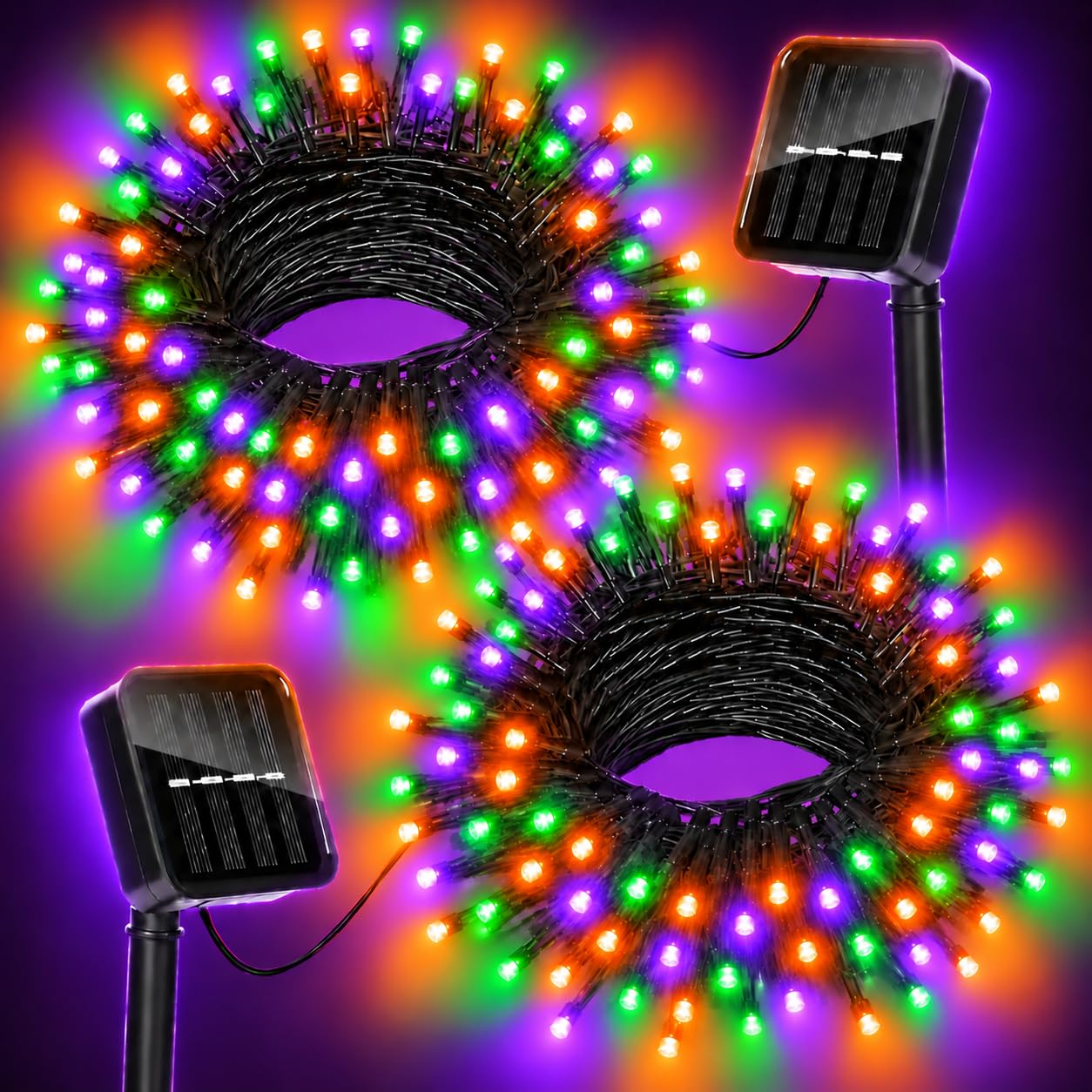 Moettany Halloween Lights Outdoor Solar String Lights Waterproof for Halloween Decorations, Total 100LED 45FT for Garden Yard Pathway Fence, Orange Purple Green 8 Modes 50LED x 2 Packs — image 1