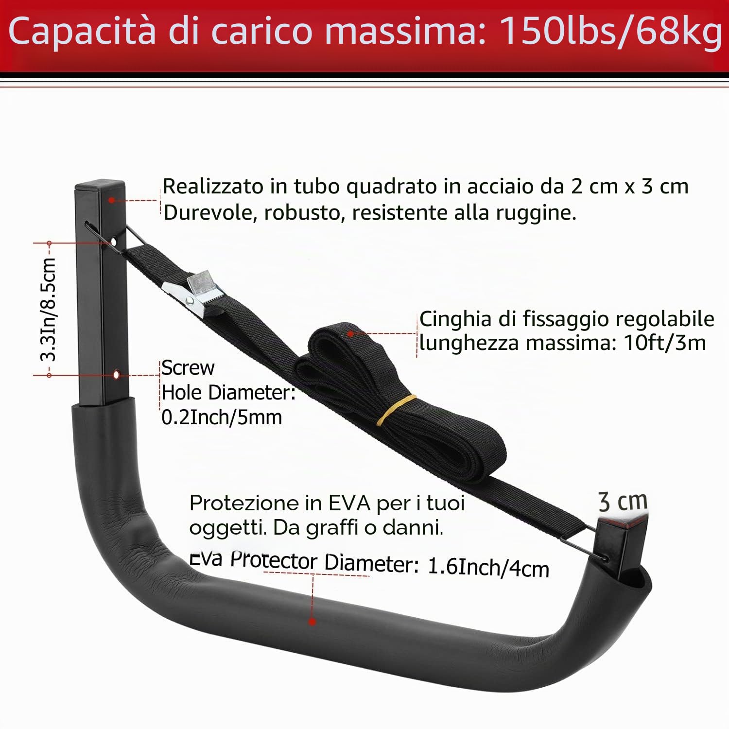 Ganci per Kayak Heavdace, Acciaio Inossidabile, 100% Acciaio, 38 cm, Montaggio a Parete, Resistente, Carico Massimo 68 kg (38 cm x 26,7 cm)