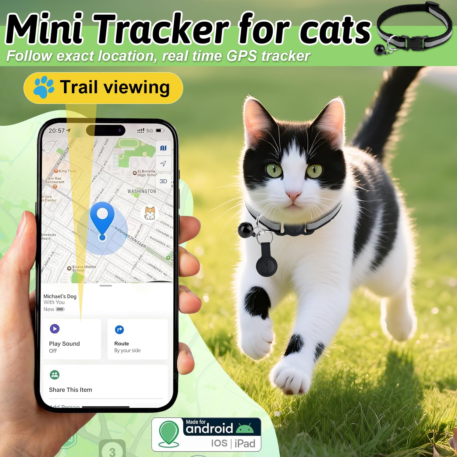 Traceur GPS Chat, Collier GPS Chat, GPS Chien Compatible avec iOS et Android, Traceur pour Chien sans Carte Sim Abonnement Mensuel, Collier Traceur pour Cha-t Chie-n, Localisation Temps Étanchéité